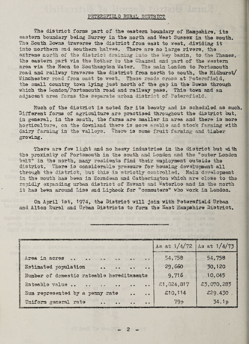 •The district forms part of the eastern boundary of Hampshire, its eastern boundary being Surrey in the north and West Sussex in the south. The South Downs traverse the district from ea3t to west, -dividing it into northern and southern halves. There are no large rivers, the extreme north of the district draining into the hey basin, to the Thames, the eastern part via the Eofchar to the Channel and part of the western area via the Meon to Southampton Water. The main London to Portsmouth road and railway traverse the district from north to south, the Midhurst/ Winchester road from oast to west. These roads cross at Petersf ield, the snail country town lying just north of the gap in the Downs through which the London/Portsmouth road and railway pa3S, This town and an adjacent area forme the separate urban district of Petersfield. Much of the district is noted for its beauty and is scheduled as such. Different forms of agriculture are practised throughout the district but, in general, in the south, the farms are smaller in area and there i3 more horticulture, on the downlead there is more arable and stock farming with dairy farming in the valleys. There is some fruit farming and timber growing. There are few light and no heavy industries in the district but with the proximity of Portsmouth in the south and London and the outer London belt” in the north, many residents find their employment outside the district. There is considerable pressure for housing development all through the district, but this is strictly controlled. Main development in the south has been in Homdean and Catherington which are close to the rapidly expanding urban distract of Havant .and Waterloo and in the north has been around Lis3 and Liphook for commuters who work in London, On April 1st, 1974, the District will join with Petersfield Urban and Alton Rural and Urban Districts to fora the Last Hampshire District. 1 3 3 As at 1/4/72 As at 1/4/73 S Area in acres 3 54,753 . | Estimated population . 29,660 50,120 jj Number of domestic rateable hereditaments 9,716 10.045 | Rateable value .» £1,024,817 £5,070,235 g Sum represented by a penny rate £10,114 £29,450 , 1 Uniform general rate . 79 p 54.Ip