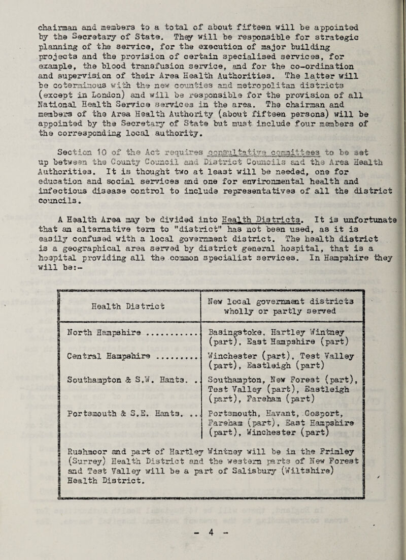 chairman and members to a total of about fifteen will be appointed by the Secretary of State. They will be responsible for strategic planning of the service, for the execution of major building projects and the provision of certain specialised services, for example, the blood transfusion service, and for the co-ordination and supervision of their Area Health Authorities. The latter will be coterminous with the new counties and metropolitan districts (except in London) and will be responsible for the provision of all National Health Service services in the area. The chairman and members of the Area Health Authority (about fifteen persons) will be appointed by the Secretary of State but must include four members of the corresponding local authority. 10 of the Act requires ’ / jl-<~ -L* ' ■-- —» native committees to be set Section up between the County Council and -District Councils end the Area Health Authorities. It is thought two at least will be needed, one for education and social services and one for environmental health and infectious disease control to include representatives of all the district councils. A Health Area may be divided into Health Districts. It is unfortunate that an alternative term to district has not bean used, a3 it is easily confused with a local government district. The health district is a geographical area served by district general hospital, that is a hospital providing all the common specialist services. In Hampshire they will be:-