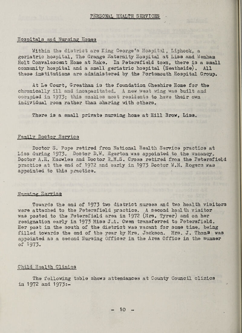 PSR30NAL HEALTH SERVICES Hospitals and Nur3ina Homea Within the district are King George's Hospital y Liphook, a geriatric hospital, The Grange Maternity Hospital at Liss and Wenham Holt Convalescent Hone at Rake. In Petersfield town, there is a small community hospital and a small geriatric hospital (Heathside). All these institutions are administered by the Portsmouth Hospital Group. At Le Court, Greatham is the foundation Cheshire Home for the chronically ill and incapacitated. A new west wing was built and occupied in 1973; this enables most residents to have their own ina.ivraua. room rather than sharing with others. There i3 a small private nursing home at Hill 3 row, Liss. Family Doctor Service Doctor 3. Pope retired from National Health Service practice at Liss during 1973. Doctor D.W. Egerton was appointed to the vacancy. Doctor A.H. Knowles and Doctor R.M.S. Cross retired from the Petersfield practice at the end of 1972 and early in 1973 Doctor W.M. Rogers was appointed to this practice. Towards the end of 1973 two district nurses and two health visitors were attached to the Petersfield practice. A second health visitor wa3 posted to the Petersfield area in 1972 (Mrs. Tyrer) and on her resignation early in 1973 Miss J.A. Owen transferred to Petersfield. Her po3« in the south of the district was vacant for 3ome time, being filled towards the end of the year by Mrs. Jackson. Mrs. J. Thom. 3 was appointed as a second Nursing Officer in the Area Office in the summer of 1973. Child Health Clinics The following table shows attendances at County Council clinics in 1972 and 1973:-