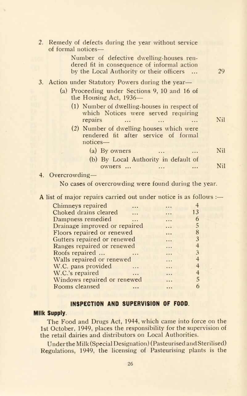 2. Remedy of defects during the year without service of formal notices— Number of defective dwelling-houses ren¬ dered fit in consequence of informal action by the Local Authority or their officers ... 29 3. Action under Statutory Powers during the year— (a) Proceeding under Sections 9, 10 and 16 of the Housing Act, 1936— (1) Number of dwelling-houses in respect of which Notices were served requiring repairs ... ... ... Nil (2) Number of dwelling-houses which were rendered fit after service of formal notices— (a) By owners ... ... Nil (b) By Local Authority in default of owners ... ... ... Nil 4. Overcrowding— No cases of overcrowding were found during the year. A list of major repairs carried out under notice is as follows :— Chimneys repaired ... ... 4 Choked drains cleared ... ... 13 Dampness remedied ... ... 6 Drainage improved or repaired ... 5 Floors repaired or renewed ... 8 Gutters repaired or renewed ... 3 Ranges repaired or renewed ... 4 Roofs repaired ... ... ... 3 Walls repaired or renewed ... 4 W.C. pans provided ... ... 4 W.C.’s repaired ... ... 4 Windows repaired or renewed ... 5 Rooms cleansed ... ... 6 INSPECTION AND SUPERVISION OF FOOD. Milk Supply. The Food and Drugs Act, 1944, which came into force on the 1st October, 1949, places the responsibility for the supervision of the retail dairies and distributors on Local Authorities. Under the Milk (Special Designation) (Pasteurised and Sterilised) Regulations, 1949, the licensing of Pasteurising plants is the