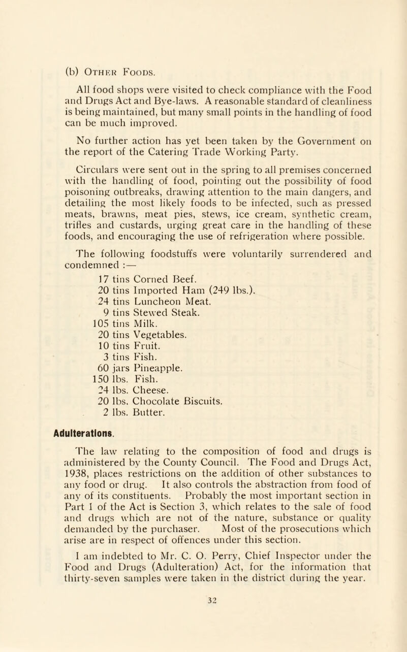 (b) Other Foods. All food shops were visited to check compliance with the Food and Drugs Act and Bye-laws. A reasonable standard of cleanliness is being maintained, but many small points in the handling of food can be much improved. No further action has yet been taken by the Government on the report of the Catering Trade Working Party. Circulars were sent out in the spring to all premises concerned with the handling of food, pointing out the possibility of food poisoning outbreaks, drawing attention to the main dangers, and detailing the most likely foods to be infected, such as pressed meats, brawns, meat pies, stews, ice cream, synthetic cream, trifles and custards, urging great care in the handling of these foods, and encouraging the use of refrigeration where possible. The following foodstuffs were voluntarily surrendered and condemned :— 17 tins Corned Beef. 20 tins Imported Ham (249 lbs.). 24 tins Luncheon Meat. 9 tins Stewed Steak. 105 tins Milk. 20 tins Vegetables. 10 tins Fruit. 3 tins Fish. 60 jars Pineapple. 150 lbs. Fish. 24 lbs. Cheese. 20 lbs. Chocolate Biscuits. 2 lbs. Butter. Adulterations. The law relating to the composition of food and drugs is administered by the County Council. The Food and Drugs Act, 1938, places restrictions on the addition of other substances to any food or drug. It also controls the abstraction from food of any of its constituents. Probably the most important section in Part 1 of the Act is Section 3, which relates to the sale of food and drugs which are not of the nature, substance or quality demanded by the purchaser. Most of the prosecutions which arise are in respect of offences under this section. I am indebted to Mr. C. O. Perry, Chief Inspector under the Food and Drugs (Adulteration) Act, for the information that thirty-seven samples were taken in the district during the year.