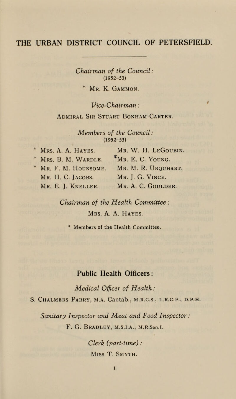 THE URBAN DISTRICT COUNCIL OF PETERSFIELD. Chairman of the Council: (1952-53) * Mr. K. Gammon. Vice-Chairman: Admiral Sir Stuart BonhamCarter. Members of the Council: (1952-53) * Mrs. A. A. Hayes. * Mrs. B. M. Wardle. * Mr. F. M. Hounsome. Mr. H. C. Jacobs. Mr. E. J. Kneller. Mr. W. H. LeGoubin *Mr. E. C. Young. Mr. M. R. Urquhart. Mr. J. G. Vince. Mr. A. C. Goulder. Chairman of the Health Committee : Mrs. A. A. Hayes. * Members of the Health Committee. i Public Health Officers: Medical Officer of Health : S. Chalmers Parry, m.a. Cantab., m.r.c.s., l.r.c.p., d.p.h. Sanitary Inspector and Meat and Food Inspector: F. G. Bradley, m.s.i.a., M.R.San.i. Clerk (part-time) : Miss T. Smyth.