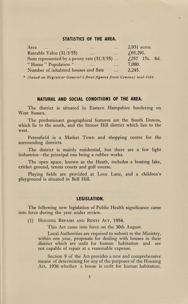 STATISTICS OF THE AREA. Area Rateable Value (31/3/55) Sum represented by a penny rate (31/3/55) ... “ Home ” Population * Number of inhabited houses and flats 2,931 acres. £65,291. £257 17s. 6d. 7,080. 2,245. * (based, on Registrar General's final figures from Census) tnid-1954. NATURAL AND SOCIAL CONDITIONS OF THE AREA. The district is situated in Eastern Hampshire bordering on West Sussex. The predominant geographical features are the South Downs, which lie to the south, and the Stoner Hill district which lies to the west. Petersfield is a Market Town and shopping centre for the surrounding districts. The district is mainly residential, but there are a few light industries—the principal one being a rubber works. The open space, known as the Heath, includes a boating lake, cricket ground, tennis courts and golf course. Playing fields are provided at Love Lane, and a children’s playground is situated in Bell Hill. LEGISLATION. The following new legislation of Public Health significance came into force during the year under review. (1) Housing Repairs and Rents Act, 1954. This Act came into force on the 30th August. Local Authorities are required to submit to the Ministry, within one year, proposals for dealing with houses in their district which are unfit for human habitation and are not capable of repair at a reasonable expense. Section 9 of the Act provides a new and comprehensive means of determining for any of the purposes of the Housing Act, 1936 whether a house is unfit for human habitation.