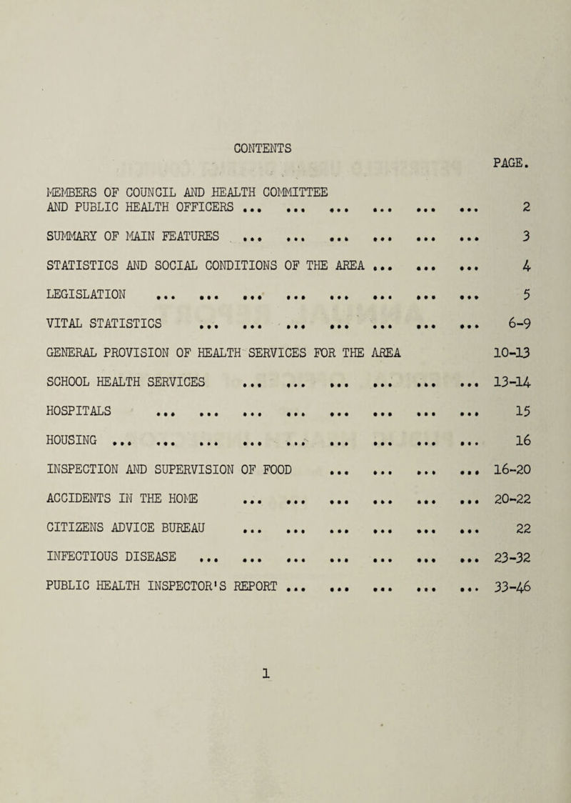 CONTENTS PAGE MEMBERS OF COUNCIL AND HEALTH COMMITTEE AND PUBLIC HEALTH OFFICERS • • 1 Ml # • • • • • • • • III 2 SUMMARY OF MAIN FEATURES • * • • • • • • 1 III • • • III 3 STATISTICS AND SOCIAL CONDITIONS OF rHE AREA III III • • • 4 LEGISLATION . • M • • 1 • • 1 1 i • 1 • • III 5 VITAL STATISTICS • • « III • • • ill • • 1 III 6-9 GENERAL PROVISION OF HEALTE SERVICES FOR THE AREA 10-13 SCHOOL HEALTH SERVICES • • t I • • • • t • • • • 1 • • • • 13-14 HOSPITALS . • it III • • • • • • • t • • • • 15 HOUSING . • • • • i i • • 1 • • • • • • • to 16 INSPECTION AND SUPERVISION OF FOOD • • • lit • i 1 • • • 16-20 ACCIDENTS IN THE HOME • • • III • • • III III III 20-22 CITIZENS ADVICE BUREAU • • • • • • • • • III • t l III 22 INFECTIOUS DISEASE • • 1 Ml • • • III III • • • 23-32 PUBLIC HEALTH INSPECTOR'S REPORT III • • • • « • III • 1 O 33-46