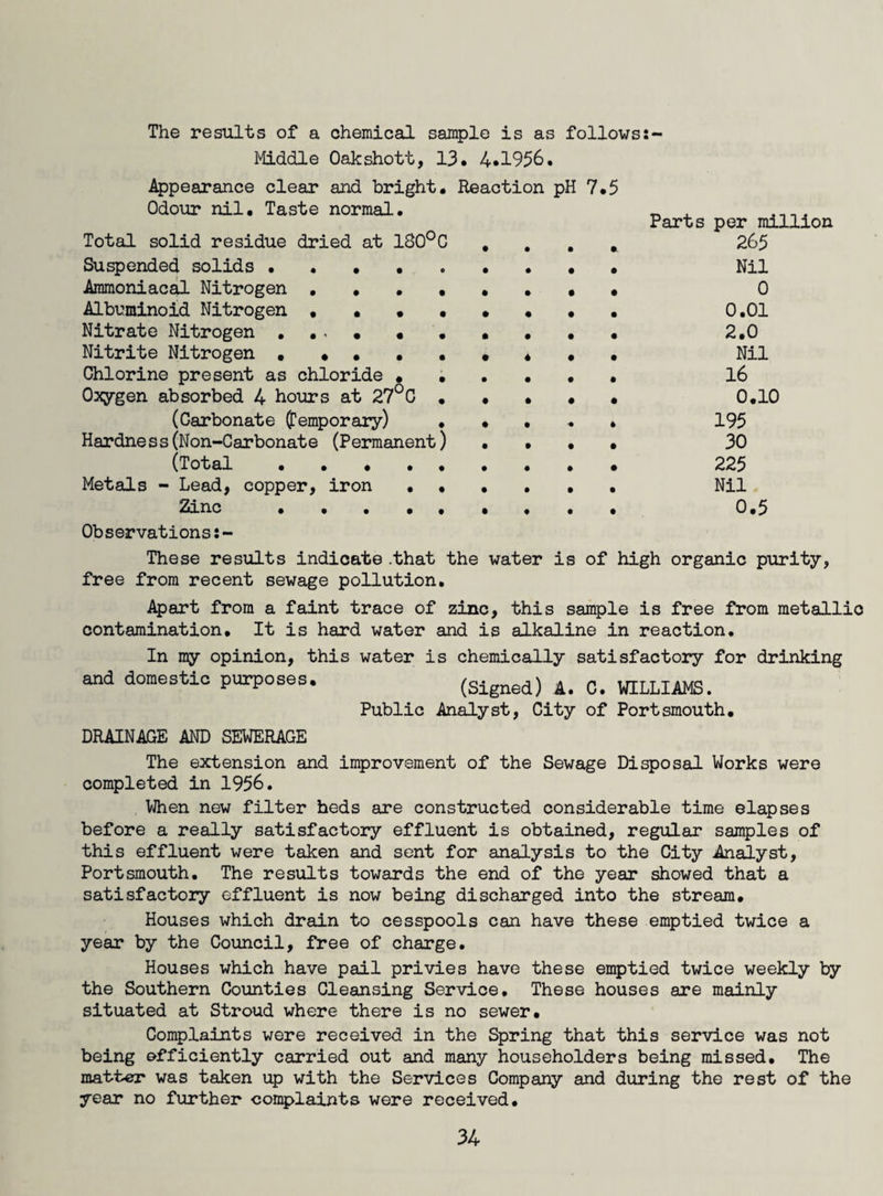 The results of a chemical sample is as follows Middle Oakshott, 13. 4*1956. Appearance clear and bright. Reaction pH 7.5 Odour nil. Taste normal. _ , Parts per million Total solid residue dried at 1S0°C .... 265 Suspended solids • . . . m • • • m • • Nil Ammoniacal Nitrogen .... • • • 0 Albuminoid Nitrogen . • • . • • • • 0.01 Nitrate Nitrogen . ., • « . • • • • 2.0 Nitrite Nitrogen . . . . . • * • • Nil Chlorine present as chloride . . • • • • 16 Oxygen absorbed 4 hours at 27°C . • • # • 0.10 (Garbonate (Temporary) • • • * * 195 Hardness(Non-Carbonate (Permanent) • • • • 30 (Total . • 225 Metals - Lead, copper, iron • • • • • • Nil Zinc . . . . . • ♦ • • 0.5 Observations These results indicate .that the water is of high organic purity, free from recent sewage pollution. Apart from a faint trace of zinc, this sample is free from metallic contamination. It is hard water and is alkaline in reaction. In my opinion, this water is chemically satisfactory for drinking and domestic purposes. (Signed) A. C. WILLIAMS. Public Analyst, City of Portsmouth. DRAINAGE AND SEWERAGE The extension and improvement of the Sewage Disposal Works were completed in 1956. When new filter beds are constructed considerable time elapses before a really satisfactory effluent is obtained, regular samples of this effluent were taken and sent for analysis to the City Analyst, Portsmouth. The results towards the end of the year showed that a satisfactory effluent is now being discharged into the stream. Houses which drain to cesspools can have these emptied twice a year by the Council, free of charge. Houses which have pail privies have these emptied twice weekly by the Southern Counties Cleansing Service, These houses are mainly situated at Stroud where there is no sewer. Complaints were received in the Spring that this service was not being efficiently carried out and many householders being missed. The matter was taken up with the Services Company and during the rest of the year no further complaints were received.