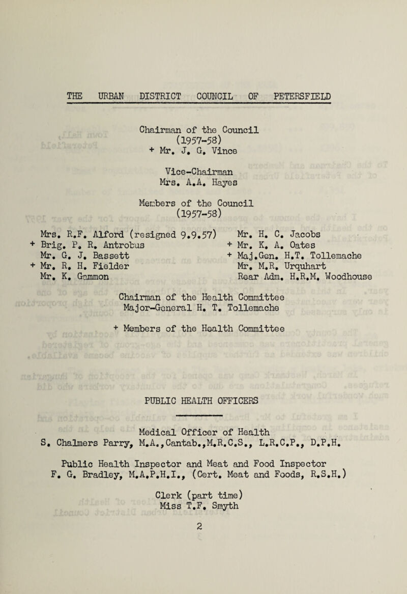 THE URBAN DISTRICT COUNCIL OF PETERSFIELD Chairman of the Council (1957-58) + Mr. J. G. Vince Vice-Chairman Mrs* A.A. Hayes Members of the Council (1957-58) Mrs. H.F. Alford (resigned 9.9.57) Mr. H. C, Jacobs + Mr. K, A, Oates + Maj.Gen. H.T, Tollemache + Brig. P. R. Antrobus . G, J. Bassett • R. H. Fielder . K. Gammon Mr, M.R, Urquhart Rear Adm. H.R.M. Woodhouse Chairman of the Health Committee Major-General H. T. Tollemache + Members of the Health Committee PUBLIC HEALTH OFFICERS Medical Officer of Health Public Health Inspector and Meat and Food Inspector F. G. Bradley, M.A.P.H.I., (Cert, Meat and Foods, R.S.H.) Clerk (part time) Miss T.F. Smyth