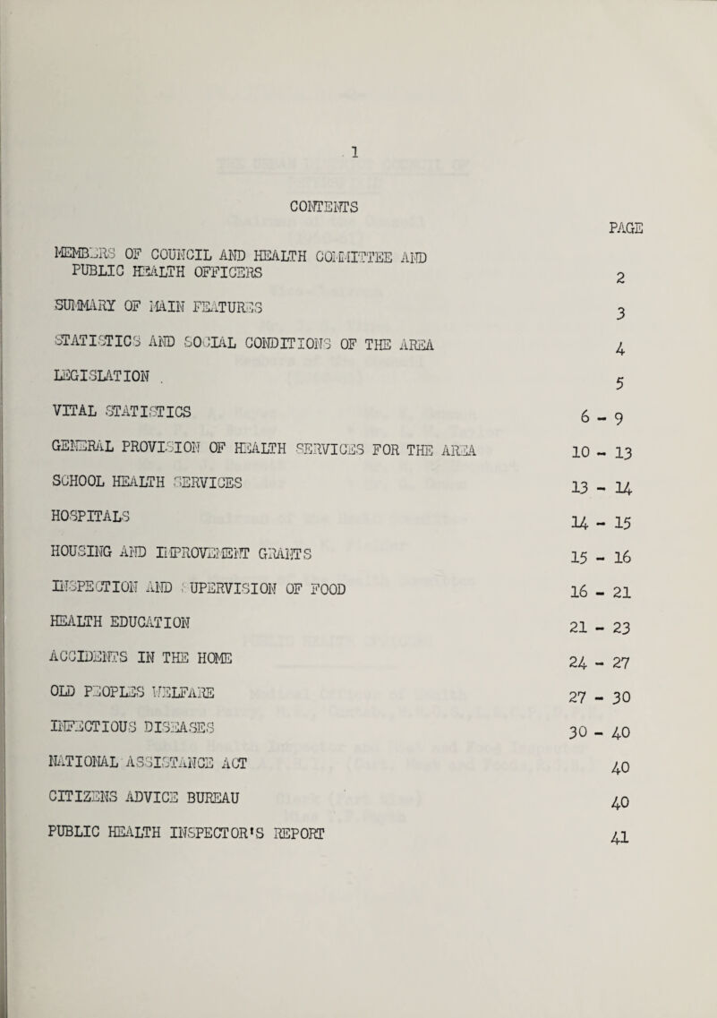 1 CONTENTS PAGE MEMBERS OF COUNCIL AND HEALTH COMMITTEE AND PUBLIC HEALTH OFFICERS 2 SUMMARY OF MAIN FEATURES 3 STATISTICS AND SOCIAL CONDITIONS OF THE AREA 4 LEGISLATION . 5 VITAL STATISTICS 6 _ 9 GENERAL PROVISION OF HEALTH SERVICES FOR THE AREA 10 - 13 SCHOOL HEALTH .SERVICES 13-14 HOSPITALS 24 _ 15 HOUSING AND IMPROVEMENT GRANTS 15 . 16 INSPECTION AND SUPERVISION OF FOOD 16 - 21 HEALTH EDUCATION 21 - 23 ACCIDENTS IN THE HOME 24 - 27 OLD PEOPLES WELFARE 27-30 INFECTIOUS DISEASES 30 _ 40 NATIONAL ASSISTANCE ACT 40 CITIZENS ADVICE BUREAU 40 PUBLIC HEALTH INSPECT OR *S REPORT 41