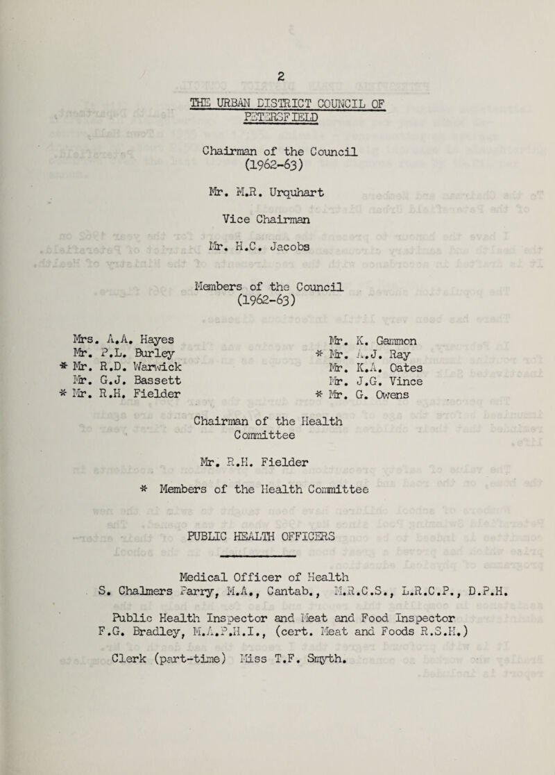 THE URBAN DISTRICT COUNCIL OF KCTIR3FIELD Chairman of the Council (1962-63) Mr. M.R. Urquhart Vice Chairman Mr. H.C. Jacobs Members of the Council (1962-63) Mrs . A,A, , Hayes Mr. K, Gammon Mr. ?.L. Burley * Mr. A.J. Ray * Mr. R.D. Warwick Mr. IC.A. Oates Mr. G.J. Bassett Fir. J.G. Vince * Mr. R.H. Fielder * Mr. G. Owens Chairman of the Health •- C ommittee Mr. R.H. Fielder * Members of the Health Committee PUBLIC HEALTH OFFICERS Medical Officer of Health S. Chalmers Parry, M.A., Cantab., M.R.C.S., L.R.C.P., D.P.H. Public Health Inspector and Meat and Food Inspector F.G. Bradley, M.A.P.H.I., (cert. Meat and Foods R.S.H.) Clerk (part-time) Miss T.F. Snyth.