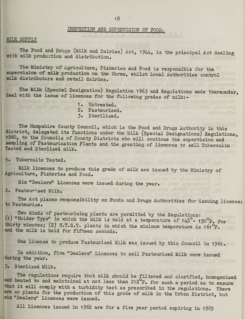 MILK SUPPLY INSPECTION AND SUPERVISION OP FOOD. The Food and Drugs (Milk and Dairies) Act, 1944> is the principal Act dealing with milk production and distribution. The Ministry of Agriculture, Fisheries and Food is responsible for the supervision of milk production on the farms, whilst Local Authorities control milk distributers and retail dairies. The Milk (Special Designation) Regulation 1963 and Regulations made thereunder, deal with the issue of licences for the following grades of milk: — 1• Untreated. 2. Pasteurised. 3* Sterilised. The Hampshire County Council, which is the Food and Drugs Authority in this delegated its functions under the Milk (Special Designations) Regulations, 19 0, to the Councils Oi County Districts who will continue the supervision and sampling of Pasteurisation Plants and the granting of licences to sell Tuberculin Tested and Sterlised milk. 1. Tuberculin Tested. licences to produce this grade of milk are issued by the Ministry of Agriculture, Fisheries and Food. Six Dealers” Licences were issued during the year. 2. Pasteurised Milk. The Act places responsibility on Foods and Drugs Authorities for issuing licence* to Pasteurise. Two kinds of pasteurising plants are permitted by the Regulations: (1) Holder j-ype in which the milk is held at a temperature of 1A5°— 150°F, for thirty minutes; (2) H.T.S.T. plants in which the minimum temperature is l6l°F. and the milk is held for fifteen seconds. One licence to produce Pasteurised Milk was issued by this Council in l96l. In addition, five Dealers Licences to sell Pasteurised Milk were issued during the year. 3» Sterlised Milk. The regulations require that milk should be filtered and clarified, homogenised and heated to and maintained at not less than 212°F. for such a period as to ensure that it will comply with a turbidity test as prescribed in the regulations. There are no plants for the production of this grade of milk in the Urban District, but six Dealers Licences were issued. AH Licences issued in 1962 are for a five year period expiring in 1965