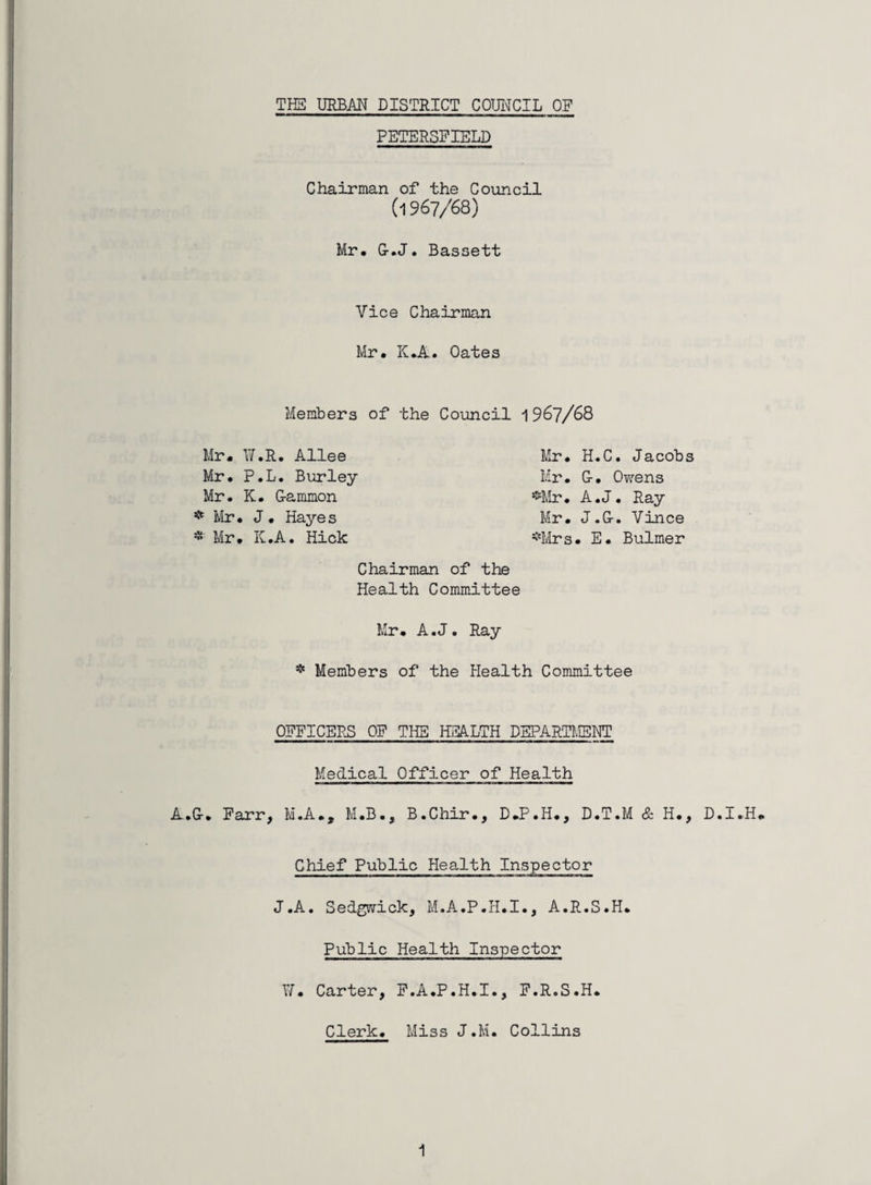 THE URBAN DISTRICT COUNCIL OF PETER5FIELD Chairman of the Council (l967/68) Mr. G-.J. Bassett Vice Chairman Mr. K.A. Oates Members of the Mr. 17.R. Allee Mr. P.L. Burley Mr. K. G-ammon * Mr. J. Hayes * Mr. K.A. Hick Council 1967/68 Mr. H.C. Jacobs Mr. G-. Ovsens ^Mr. A.J. Ray Mr. J.G-. Vince *Mrs. E. Bulmer Chairman of the Health Committee Mr. A.J. Ray * Members of the Health Committee OFFICERS OF THE HEALTH DEPARTMENT Medical Officer of Health A.G-. Farr, M.A., M.B., B.Chir., D.P.H., D.T.M & H., D.I.H. Chief Public Health Inspector J.A. Sedgwick, M.A.P.H.I., A.R.S.H. Public Health Inspector 17. Carter, F.A.P.H.I., F.R.S.H. Clerk. Miss J.M. Collins