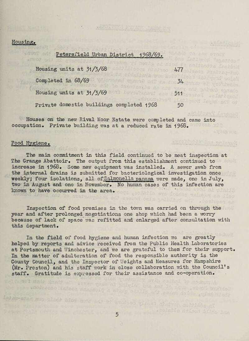 Pious ing Petersfield Urban District 1968/69, Housing units at 31/3/68 Completed in 68/69 Housing units at 31/3/69 Private domestic buildings completed *1968 477 311 34 50 Houses on the new Rival Moor Estate were completed and came into occupation. Private building was at a reduced rate in 1968, Food Hygiene, The main commitment in this field continued to be meat inspection at The Grange Abattoir, The output from this establishment continued to increase in 1968, Some new equipment was installed, A sewer swab from the internal drains is submitted for bacteriological investigation once weekly; four isolations, all of Salmonella -panama were made, one in July, two in August and one in Plovember, No human cases of this infection are known to have occurred in the area. Inspection of food premises in the town was carried on through the year and after prolonged negotiations one shop which had been a worry because of lack of space was refitted and enlarged after consultation with this department. In the field of food hygiene and human infection we are greatly helped by reports and advice received from the Public Health Laboratories at Portsmouth and Winchester, and we are grateful to them for their support. In the matter of adulteration of food the responsible authority is the County Council, and the Inspector of Weights and Measures for Hampshire (Mr, Preston) and his staff work in close collaboration with the Council’s staff. Gratitude is expressed for their assistance and co-operation.