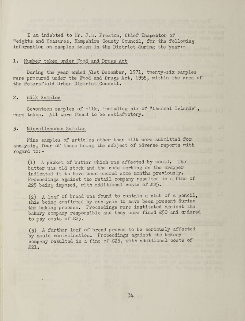 I am indebted to Mr. J.3. Preston, Chief Inspector of heights and Measures, Hampshire County Council, for the following information on samples taken in the District during the year:- 1• Number taken under Pood and Drugs Act During the year ended 31st December, 1971? twenty-six samples were procured under the Pood and Drugs Act, 1955 > within the area of the Petersfield Urban District Council. 2. Milk Samples Seventeen samples of milk, including six of Channel Islands, were taken• All were found to be satisfactory. 3* Miscellaneous Samples Nine samples of articles other than milk were submitted for analysis, four of these being the subject of adverse reports with regard to:- (1) A packet of butter which was affected by mould. The butter was old stock and the code marking on the wrapper indicated it to have been packed some months previously. Proceedings against the retail company resulted in a fine of £25 being imposed, with additional costs of £25 • (2) A loaf of bread was found to contain a stub of a pencil, this being confirmed by analysis to have been present during the baking process. Proceedings were instituted against the bakery company responsible and they were fined £50 and ordered to pay costs of £25® (3) A further loaf of bread proved to be seriously affected by mould contamination. Proceedings against the bakery company resulted in a fine of £25, with additional costs of £21.