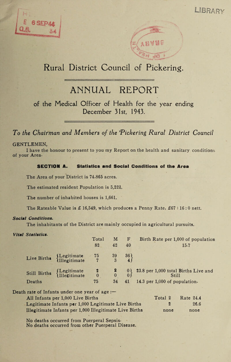 library Rural District Council of Pickering. ANNUAL REPORT of the Medical Officer of Health for the year ending December 31st, 1943. To the Chairman and Members of the dickering Rural District Council GENTLEMEN, I have the honour to present to you my Report on the health and sanitary conditions of your Area- SECTION A. Statistics and Social Conditions of tha Area The Area of your District is 74,865 acres. The estimated resident Population is 5,222. The number of inhabited houses is 1,661. The Rateable Value is £ 16,549, which produces a Penny Rate, £67 :16 : 0 nett. Social Conditions. The inhabitants of the District are mainly occupied in agricultural pursuits. Vital Statistics. Total 82 M 42 F Birth Rate per 1,000 of population 40 15-7 Live Births (Legitimate (.Illegitimate 75 7 39 3 1} Still Births Deaths f Legitimate (Illegitimate 2 0 75 2 0 34 0 1 23.8 per 1,000 total Births Live and 0/ Still 41 14.3 per 1,000 of population- Death rate of Infants under one year of age :— All Infants per 1,000 Live Births Total 2 Rate 24.4 Legitimate Infants per 1,000 Legitimate Live Births 2 26.6 Illegitimate Infants per 1,000 Illegitimate Live Births none none No deaths occurred from Puerperal Sepsis- No deaths occurred from other Puerperal Disease.