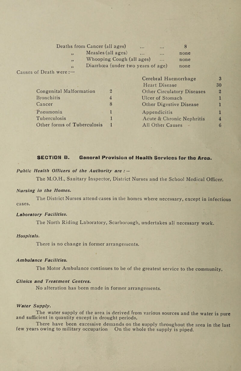 Deaths from Cancer (all ages) ... ... 8 „ Measles (all ages) ... ... none „ Whooping Cough (all ages) ... none „ Diarrhoea ( Causes of Death were :— Congenital Malformation 2 Bronchitis 4 Cancer 8 Pneumonia 1 Tuberculosis 1 Other forms of Tuberculosis 1 nder two years of age) none Cerebral Haemorrhage Heart Disease Other Circulatory Diseases Ulcer of Stomach Other Digestive Disease Appendicitis Acute & Chronic Nephritis All Other Causes 3 30 2 1 1 1 4 6 SECTION B. Genera! Provision of Health Services for the Area. Public Health Officers of the Authority are : — The M.O.H., Sanitary Inspector, District Nurses and the School Medical Officer. Nursing in the Homes. The District Nurses attend cases in the homes where necessary, except in infectious cases. Laboratory Facilities. The North Riding Laboratory, Scarborough, undertakes all necessary work. Hospitals. There is no change in former arrangements. f Ambulance Facilities. The Motor Ambulance continues to be of the greatest service to the community. Clinics and Treatment Centres. No alteration has been made in former arrangements. Water Supply. The water supply of the area is derived from various sources and the water is pure and sufficient in quantity except in drought periods. There have been excessive demands on the supply throughout the area in the last few years owing to military occupation On the whole the supply is piped.