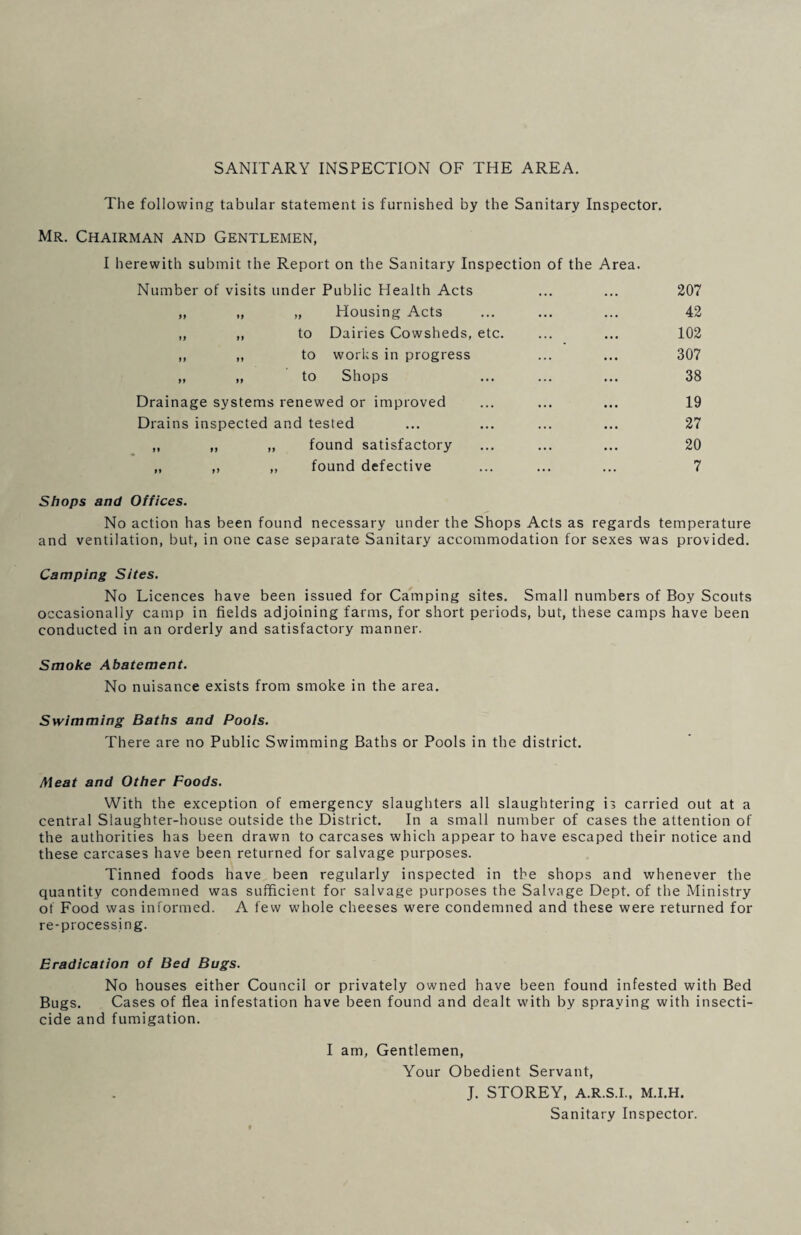 SANITARY INSPECTION OF THE AREA. The following tabular statement is furnished by the Sanitary Inspector. Mr. Chairman and Gentlemen, I herewith submit the Report on the Sanitary Inspection of the Area. Number of visits under Public Health Acts ... ... 207 „ „ „ Housing Acts ... ... ... 42 ,, ,, to Dairies Cowsheds, etc. ... ... 102 ,, „ to works in progress ... ... 307 „ „ to Shops ... ... ... 38 Drainage systems renewed or improved ... ... ... 19 Drains inspected and tested ... ... ... ... 27 ,, „ „ found satisfactory ... ... ... 20 „ ,, ,, found defective ... ... ... 7 Shops and Offices. No action has been found necessary under the Shops Acts as regards temperature and ventilation, but, in one case separate Sanitary accommodation for sexes was provided. Camping Sites. No Licences have been issued for Camping sites. Small numbers of Boy Scouts occasionally camp in fields adjoining farms, for short periods, but, these camps have been conducted in an orderly and satisfactory manner. Smoke Abatement. No nuisance exists from smoke in the area. Swimming Baths and Pools. There are no Public Swimming Baths or Pools in the district. Meat and Other Foods. With the exception of emergency slaughters all slaughtering is carried out at a central Slaughter-house outside the District. In a small number of cases the attention of the authorities has been drawn to carcases which appear to have escaped their notice and these carcases have been returned for salvage purposes. Tinned foods have been regularly inspected in the shops and whenever the quantity condemned was sufficient for salvage purposes the Salvage Dept, of the Ministry of Food was informed. A few whole cheeses were condemned and these were returned for re-processing. Eradication of Bed Bugs. No houses either Council or privately owned have been found infested with Bed Bugs. Cases of flea infestation have been found and dealt with by spraying with insecti¬ cide and fumigation. I am, Gentlemen, Your Obedient Servant, J. STOREY, A.R.S.I., M.I.H. Sanitary Inspector.