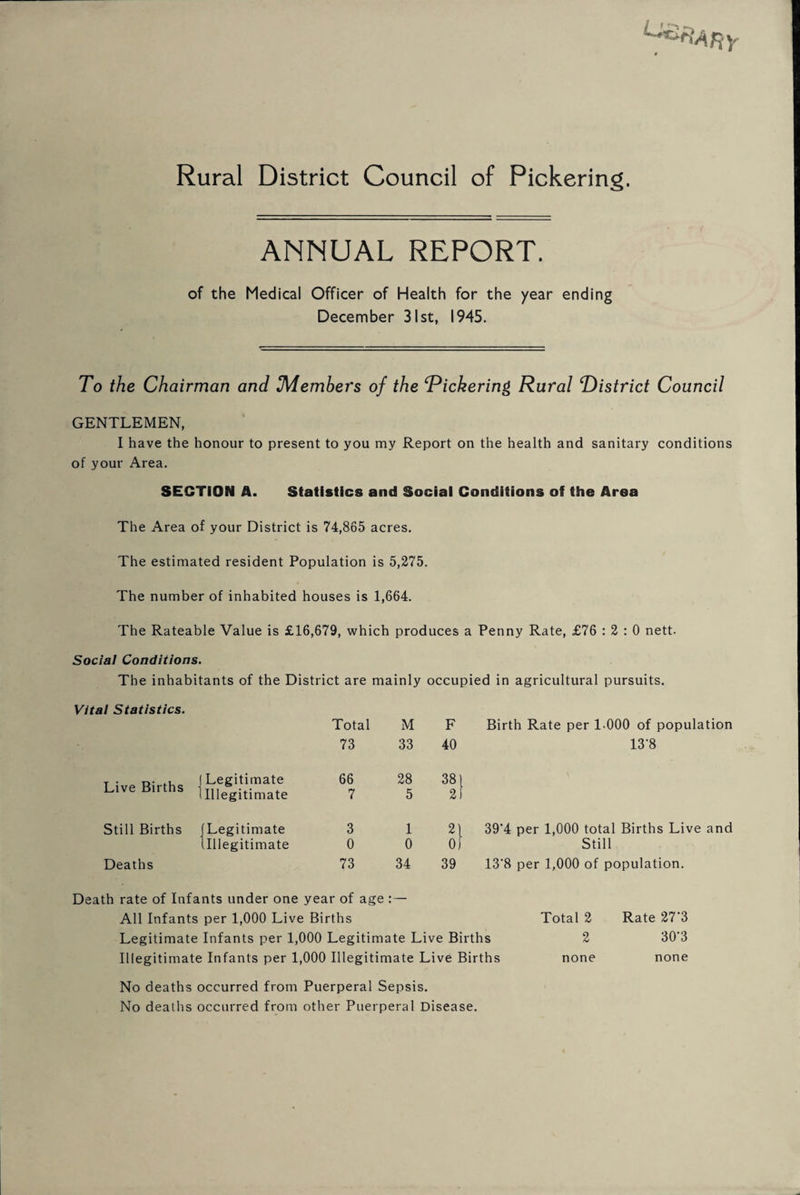 Rural District Council of Pickering. ANNUAL REPORT. of the Medical Officer of Health for the year ending December 31st, 1945. To the Chairman and Members of the dickering Rural ^District Council GENTLEMEN, I have the honour to present to you my Report on the health and sanitary conditions of your Area. SECTION A. Statistics and Social Conditions of the Area The Area of your District is 74,865 acres. The estimated resident Population is 5,275. The number of inhabited houses is 1,664. The Rateable Value is £16,679, which produces a Penny Rate, £76 : 2 : 0 nett. Social Conditions. The inhabitants of the District are mainly occupied in agricultural pursuits. Vital Statistics. Total M F Birth Rate per 1.000 of population 73 33 40 13*8 Live Births j Legitimate Illegitimate 66 7 co 381 21 Still Births Legitimate 3 1 *1 0) 39'4 per 1,000 total Births Live and Illegitimate 0 0 Still Deaths 73 34 39 13‘8 per 1,000 of population. Death rate of Infants under one year of age : — All Infants per 1,000 Live Births Total 2 Rate 27'3 Legitimate Infants per 1,000 Legitimate Live Births 2 30'3 Illegitimate Infants per 1,000 Illegitimate Live Births none none No deaths occurred from Puerperal Sepsis. No deaths occurred from other Puerperal Disease.