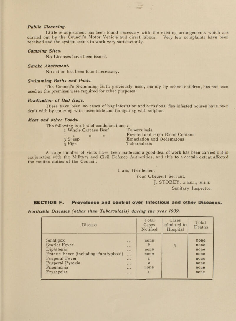 Public Cleansing. Little re-adjustment has been found necessary with the existing arrangements which aie carried out by the Council's Motor Vehicle aud direct labour. Very few complaints have been received and the system seems to work very satisfactorily. Camping Sites. No Licenses have been issued. Smoke Abatement. No action has been found necessary. Swimming Baths and Pools. The Council’s Swimming Bath previously used, mainly by school children, has not been used as the premises were required for other purposes. Eradication of Bed Bugs. There have been no cases of bug infestation and occasional flea infested houses have been dealt with by spraying with insecticide and fumigating with sulphur. Meat and other Foods. The following is a list of condemnations :— i Whole Carcase Beef Tuberculosis i ,, ,, ,, Fevered and High Blood Content 3 Sheep Emaciation and Oedematous 3 Pigs Tuberculosis A large number of visits have been made and a good deal of work has been carried out in conjunction with the Military and Civil Defence Authorities, and this to a certain extent affected the routine duties of the Council. I am, Gentlemen, Your Obedient Servant, J. STOREY, a.r.s.i., m.i.h. Sanitary Inspector. SECTION F. Prevalence and control over Infectious and other Diseases. Notifiable Diseases (other than Tuberculosis) during the year 1939. Disease Total Cases Notified Cases admitted to Hospital Total Deaths Smallpox none none Scarlet Fever 8 3 none Diphtheria none none Enteric Fever (including Paratyphoid) ... none none Purperal Fever i none Purperal Pyrexia 2 none Pneumonia none none