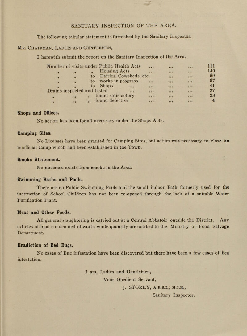 SANITARY INSPECTION OF THE AREA. The following tabular statement is furnished by the Sanitary Inspector. Mr. Chairman, Ladies and Gentlemen, I herewith submit the report on the Sanitary Inspection of the Area. Number of visits under Public Health Acts ... ... ... Ill „ „ „ Housing Acts ... ... ... 140 „ „ to Dairies, Cowsheds, etc. ... ... 59 „ „ to works in progress ... ... ... 87 „ „ to Shops ... ... ... ... 41 Drains inspected and tested ... ... ... ... 27 „ „ „ found satisfactory ... ... ... 23 „ „ „ found defective ... ... ... 4 Shops and Offices. No action has been found necessary under the Shops Acts. Camping Sites. No Licenses have been granted for Camping Sites, but action was necessary to close an unofficial Camp which had been established in the Town. Smoke Abatement. No nuisance exists from smoke in the Area. Swimming Baths and Pools. There are no Public Swimming Pools and the small indoor Bath formerly used for the instruction of School Children has not been re-opened through the lack of a suitable Water Purification Plant. Meat and Other Poods. All general slaughtering is carried out at a Central Abbatoir outside the District. Any a; tides of food condemned of worth while quantity are notified to the Ministry of Food Salvage Department. Eradiction of Bed Bugs. No cases of Bug infestation have been discovered but there have been a few cases of flea infestation. I am, Ladies and Gentleinen, Your Obedient Servant, J. STOREY, A.R.S.I., M.I.H., Sanitary Inspector.