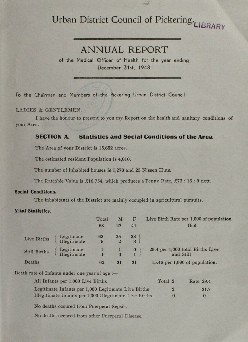 Urban District Council of Pickering., , 6 library ANNUAL REPORT of the Medical Officer of Health for the year ending December 31st, 1948. To the Chairman and Members of the Pickering Urban District Council LADIES & GENTLEMEN, I have the honour to present to you my Report on the health and sanitary conditions of your Area. SECTION A. Statistics and Social Conditions of the Area The Area of your District is 15,652 acres. The estimated resident Population is 4,010. The number of inhabited houses is 1,270 and 25 Nissen Huts. The Rateable Value is £16,754, which produces a Penny Rate, £73 : 16 : 0 nett. Social Conditions. The inhabitants of the District are mainly occupied in agricultural pursuits. Vital Statistics. Total M F Live Eirth Rate per 1,000 of population 68 27 41 16.9 Live Births Legitimate 63 25 38 1 Illegitimate 5 2 3 J Still Births Legitimate 1 1 0 1 29.4 per 1,000 total Births Live Illegitimate 1 0 i i and Still Deaths 62 31 31 15.46 per 1,000 of population. Death rate of Infants under one year of age :— All Infants per 1,000 Live Births Total 2 Rate 29.4 Legitimate Infants per 1,000 Legitimate Live Births 2 31.7 Illegitimate Infants per 1,000 Illegitimate Live Births 0 0 No deaths occured from Puerperal Sepsis. No deaths occured from other Puerperal Disease.