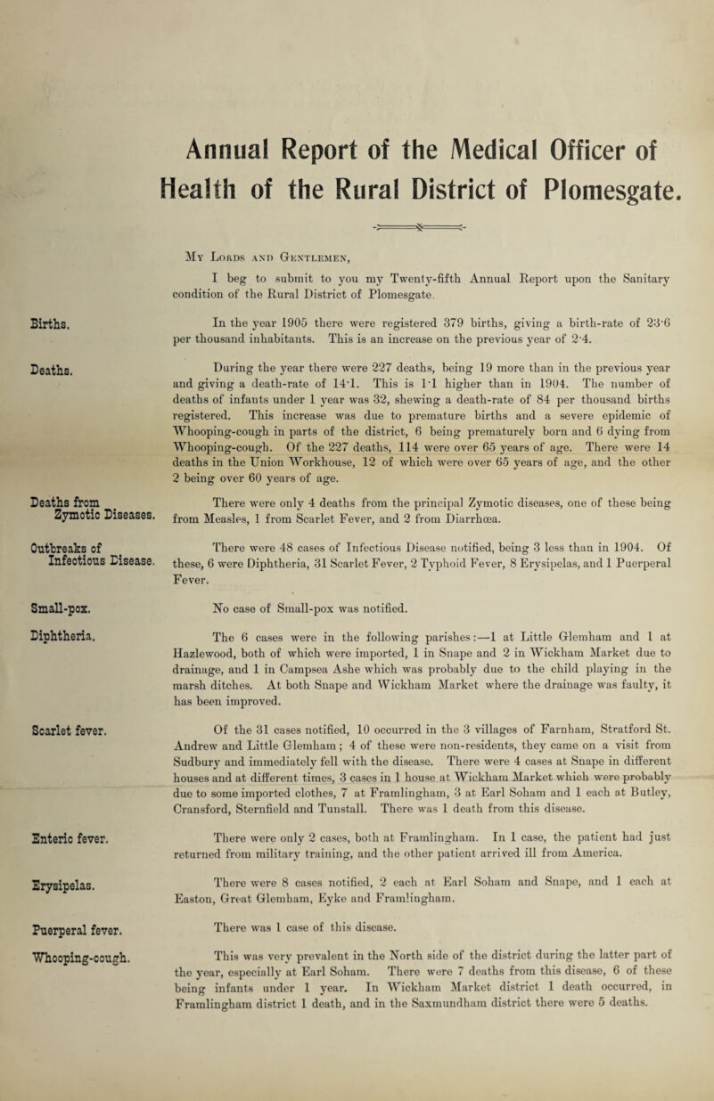 Births. Deaths. Deaths from Zymotic Diseases. Outbreaks of Infectious Disease. Small-pox. Diphtheria. Scarlet fever. Enteric fever. Erysipelas. Puerperal fever. Whooping-cough. Annual Report of the Medical Officer of Health of the Rural District of Plomesgate. -3=*==<- My Lords and Gentlemen, I beg to submit to you my Twenty-fifth Annual Report upon the Sanitary condition of the Rural District of Plomesgate. In the year 1905 there were registered 379 births, giving a birth-rate of 23-6 per thousand inhabitants. This is an increase on the previous year of 2 4. During the year there were 227 deaths, being 19 more than in the previous year and giving a death-rate of 14T. This is IT higher than in 1904. The number of deaths of infants under 1 year was 32, shewing a death-rate of 84 per thousand births registered. This increase was due to premature births and a severe epidemic of Whooping-cough in parts of the district, 6 being prematurely born and 6 dying from Whooping-cough. Of the 227 deaths, 114 were over 65 years of age. There were 14 deaths in the Union Workhouse, 12 of which were over 65 years of age, and the other 2 being over 60 years of age. There were only 4 deaths from the principal Zymotic diseases, one of these being from Measles, 1 from Scarlet Fever, and 2 from Diarrhoea. There were 48 cases of Infectious Disease notified, being 3 less than in 1904. Of these, 6 were Diphtheria, 31 Scarlet Fever, 2 Typhoid Fever, 8 Erysipelas, and 1 Puerperal Fever. No case of Small-pox was notified. The 6 cases were in the following parishes:—1 at Little Glemham and l at Ilazlewood, both of which were imported, 1 in Snape and 2 in Wickham Market due to drainage, and 1 in Campsea Ashe which was probably due to the child playing in the marsh ditches. At both Snape and Wickham Market where the drainage was faulty, it has been improved. Of the 31 cases notified, 10 occurred in the 3 villages of Farnham, Stratford St. Andrew and Little Glemham ; 4 of these were non-residents, they came on a visit from Sudbury and immediately fell with the disease. There were 4 cases at Snape in different houses and at different times, 3 cases in 1 house at Wickham Market which were probably due to some imported clothes, 7 at Framlingham, 3 at Earl Soham and 1 each at Butley, Cransford, Sternfield and Tunstall. There was 1 death from this disease. There were only 2 cases, both at Framlingham. In 1 case, the patient had just returned from military training, and the other patient arrived ill from America. There were 8 cases notified, 2 each at Earl Soham and Snape, and 1 each at Easton, Great Glemham, Eyke and Framlingham. There was 1 case of this disease. This was very prevalent in the North side of the district during the latter part of the year, especially at Earl Soham. There were 7 deaths from this disease, 6 of these being infants under 1 year. In Wickham Market district 1 death occurred, in Framlinsrham district 1 death, and in the Saxmundham district there were 5 deaths. O 7