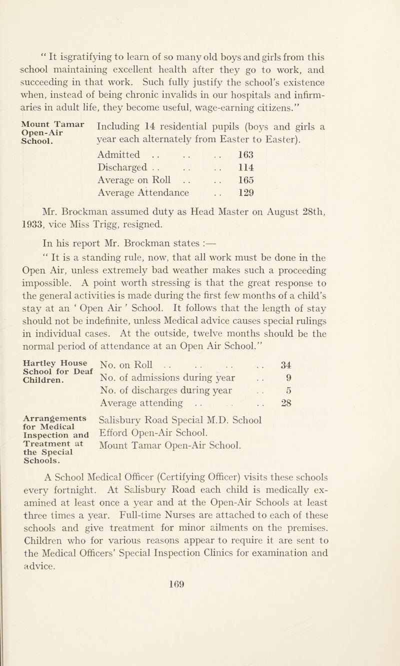 “ It isgratifying to learn of so many old boys and girls from this school maintaining excellent health after they go to work, and succeeding in that work. Such fully justify the school’s existence when, instead of being chronic invalids in our hospitals and infirm¬ aries in adult life, they become useful, wage-earning citizens.” Mount Tamar Open-Air School. Including 14 residential pupils (boys and girls a year each alternately from Easter to Easter). Admitted . . . . . . 163 Discharged . . . . . . 114 Average on Roll . . . . 165 Average Attendance . . 129 Mr. Brockman assumed duty as Head Master on August 28th, 1933, vice Miss Trigg, resigned. In his report Mr. Brockman states :— “ It is a standing rule, now, that all work must be done in the Open Air, unless extremely bad weather makes such a proceeding impossible. A point worth stressing is that the great response to the general activities is made during the first few months of a child’s stay at an ‘ Open Air ’ School. It follows that the length of stay should not be indefinite, unless Medical advice causes special rulings in individual cases. At the outside, twelve months should be the normal period of attendance at an Open Air School.” Hartley House School for Deaf Children. No. on Roll . . . . . . . . 34 No. of admissions during year . . 9 No. of discharges during year . . 5 Average attending . . . . . 28 Arrangements Salisbury Road Special M.D. School Insp^ctioifand Efford Open-Air School. Treatment at Mount Tamar Open-Air School. the Special Schools. A School Medical Officer (Certifying Officer) visits these schools every fortnight. At Salisbury Road each child is medically ex¬ amined at least once a year and at the Open-Air Schools at least three times a year. Full-time Nurses are attached to each of these schools and give treatment for minor ailments on the premises. Children who for various reasons appear to require it are sent to the Medical Officers’ Special Inspection Clinics for examination and advice.