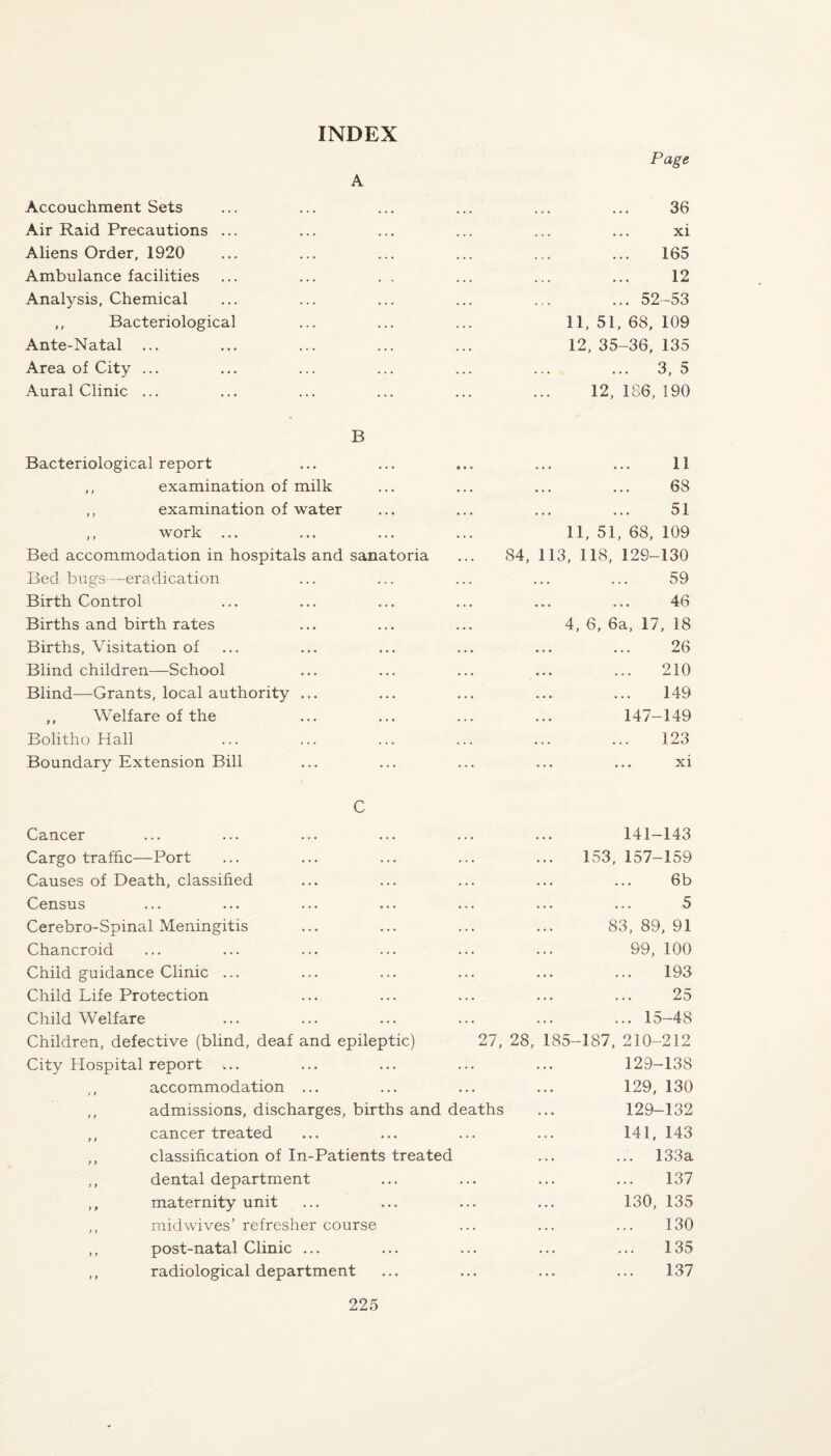 INDEX Page A Accouchment Sets ... ... ... ... ... ... 36 Air Raid Precautions ... ... ... ... ... ... xi Aliens Order, 1920 ... ... ... ... ... ... 165 Ambulance facilities ... ... . . ... ... ... 12 Analysis, Chemical ... ... ... ... ... ... 52-53 ,, Bacteriological ... ... ... 11, 51, 68, 109 Ante-Natal ... ... ... ... ... 12, 35-36, 135 Area of City ... ... ... ... ... ... ... 3,5 Aural Clinic ... ... ... ... ... ... 12, 186,190 B Bacteriological report ... ... ... ... ... 11 ,, examination of milk ... ... ... ... 68 ,, examination of water ... ... ... ... 51 ,, work ... ... ... ... 11, 51, 68, 109 Bed accommodation in hospitals and sanatoria ... 84, 113, 118, 129-130 Bed bugs—eradication ... ... ... ... ... 59 Birth Control ... ... ... ... ... ... 46 Births and birth rates ... ... ... 4, 6, 6a, 17, 18 Births, Visitation of ... ... ... ... ... ... 26 Blind children—School ... ... ... ... ... 210 Blind—Grants, local authority ... ... ... ... ... 149 ,, Welfare of the ... ... ... ... 147-149 Bolitho Hall ... ... ... ... ... ... 123 Boundary Extension Bill ... ... ... ... ... xi C Cancer ... ... ... ... ... ... 141-143 Cargo traffic—Port ... ... ... ... ... 153, 157-159 Causes of Death, classified ... ... ... ... ... 6b Census ... ... ... ... ... ... ... 5 Cerebro-Spinal Meningitis ... ... ... ... S3, 89, 91 Chancroid ... ... ... ... ... ... 99, 100 Child guidance Clinic ... ... ... ... ... ... 193 Child Life Protection ... ... ... ... ... 25 Child Welfare ... ... ... ... ... ... 15-48 Children, defective (blind, deaf and epileptic) 27, 28, 185-187, 210-212 City Hospital report ... ... ... ... ... 129—138 ,, accommodation ... ... ... ... 129, 130 ,, admissions, discharges, births and deaths ... 129-132 ,, cancer treated ... ... ... ... 141, 143 ,, classification of In-Patients treated ... ... 133a ,, dental department ... ... ... ... 137 ,, maternity unit ... ... ... ... 130, 135 ,, midwdves’ refresher course ... ... ... 130 ,, post-natal Clinic ... ... ... ... ... 135 ,, radiological department ... ... ... ... 137