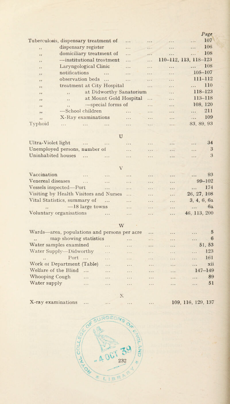 Typhoid dispensary treatment of 107 dispensary register 106 domiciliary treatment of 108 —institutional treatment 110-112, 113, 118-123 Laryngological Clinic 108 notifications 105-107 observation beds ... 111-112 treatment at City Hospital 110 ,, at Didworthy Sanatorium 118-123 ,, at Mount Gold Hospital ... 113-118 ,, —special forms of 108, 120 —School children 211 X-Ray examinations 109 ... ... ... ... ... 83, 89, 93 U Ultra-Violet light Unemployed persons, number of Uninhabited houses 34 3 3 V Vaccination ... ... ... ... ... ... 93 Venereal diseases ... ... ... ... ... 99-102 Vessels inspected—Port ... ... ... ... ... 174 Visiting by Health Visitors and Nurses ... ... ... 26,27,108 Vital Statistics, summary of ... ... ... ... 3, 4, 6, 6a ,, —18 large towns ... ... ... ... 6a Voluntary organisations ... ... ... ... 46, 113,200 W Wards—area, populations and persons per acre ... ... ... 5 ,, map showing statistics ... ... ... ... 6 Water samples examined ... ... ... ... 51,53 Water Supply—Didworthy ... ... ... ... ... 123 „ Port ... ... ... ... ... ... 161 Work oi Department (Table) ... ... ... ... ... xii Welfare of the Blind ... ... ... ... ... 147-149 Whooping Cough ... ... ... ... ... ... 89 Water supply ... ... ... ... ... ... 51 X X-ray examinations ... ... ... ... 109, 116, 129, 137