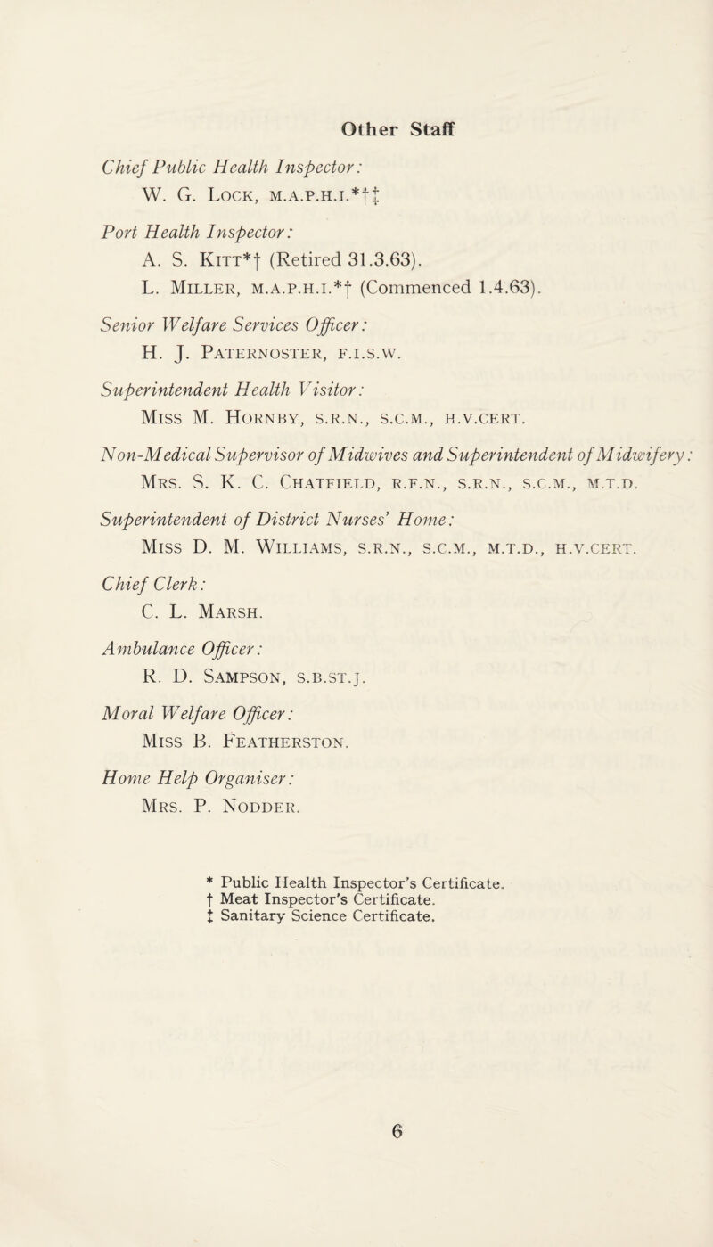 Other Staff Chief Public Health Inspector: W. G. Lock, m.a.p.h.i.*!£ Port Health Inspector: A. S. Knr*f (Retired 31.3.63). L. Miller, M.A.p.H.i.*f (Commenced 1.4.63). Senior Welfare Services Officer: H. J. Paternoster, f.i.s.w. Superintendent Health Visitor: Miss M. Hornby, s.r.n., s.c.m., h.v.cert. Non-Medical Supervisor of Midwives and Superintendent of Midwifery: Mrs. S. K. C. Chatfield, r.f.n., s.r.n., s.c.m., m.t.d. Superintendent of District Nurses Home: Miss D. M. Williams, s.r.n., s.c.m., m.t.d., h.v.cert. Chief Clerk: C. L. Marsh. Ambulance Officer: R. D. Sampson, s.b.st.j. Moral Welfare Officer: Miss B. Featherston. Home Help Organiser: Mrs. P. Nodder. * Public Health Inspector's Certificate, t Meat Inspector's Certificate. t Sanitary Science Certificate.