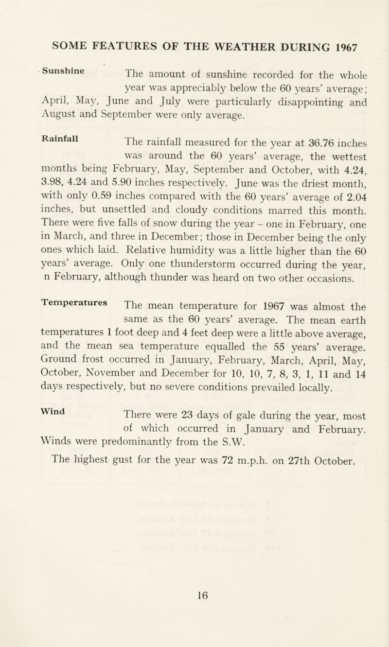 SOME FEATURES OF THE WEATHER DURING 1967 Sunshine The amount of sunshine recorded for the whole year was appreciably below the 60 years’ average; April, May, June and July were particularly disappointing and August and September were only average. Kamiaii The rainfall measured for the year at 36.76 inches was around the 60 years’ average, the wettest months being February, May, September and October, with 4.24, 3.98, 4.24 and 5.90 inches respectively. June was the driest month, with only 0.59 inches compared with the 60 years’ average of 2.04 inches, but unsettled and cloudy conditions marred this month. There were five falls of snow during the year — one in February, one in March, and three in December; those in December being the only ones which laid. Relative humidity was a little higher than the 60 years average. Only one thunderstorm occurred during the year, n February, although thunder was heard on two other occasions. Temperatures The mean temperature for 1967 was almost the same as the 60 years’ average. The mean earth temperatures 1 foot deep and 4 feet deep were a little above average, and the mean sea temperature equalled the 55 years’ average. Ground frost occurred in January, February, March, April, May, October, November and December for 10, 10, 7, 8, 3, 1, 11 and 14 days respectively, but no severe conditions prevailed locally. Wlnd There were 23 days of gale during the year, most of which occurred in January and February. Winds were predominantly from the S.W. The highest gust for the year was 72 m.p.h. on 27th October.