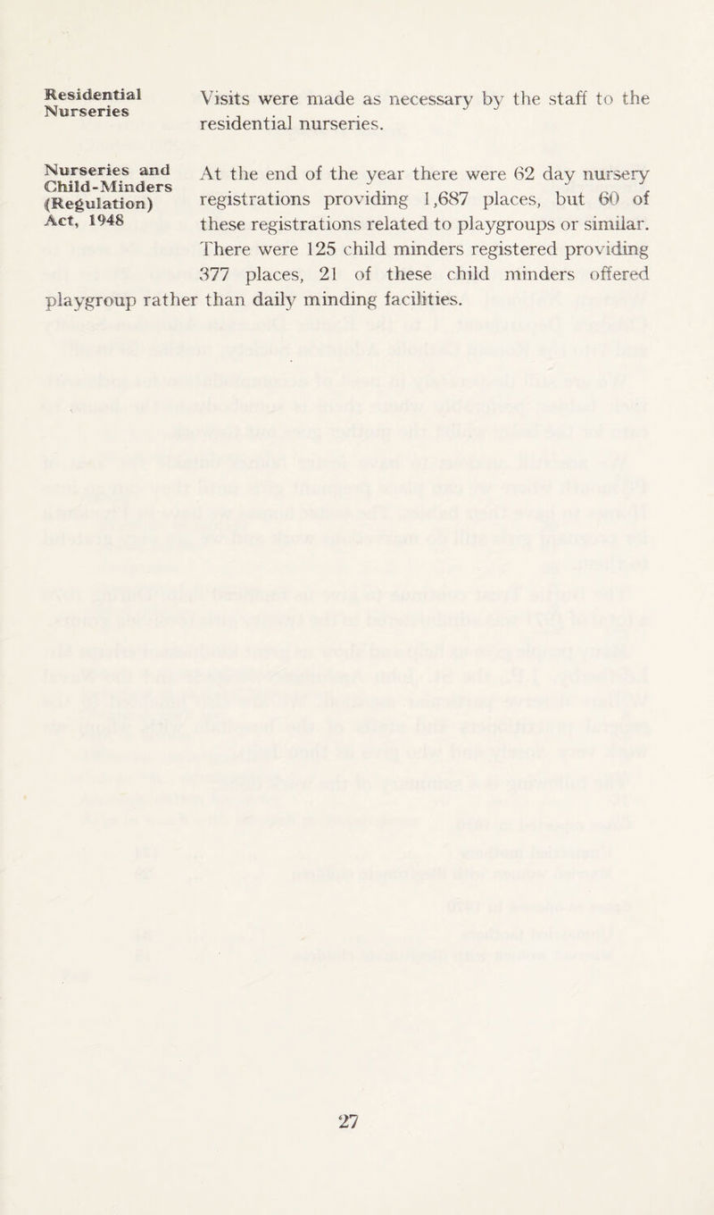 Residential Nurseries Visits were made as necessary by the staff to the residential nurseries. Nurseries and Child-Minders (Regulation) Act, 1948 At the end of the year there were 62 day nursery registrations providing 1,687 places, but 60 of these registrations related to playgroups or similar. There were 125 child minders registered providing 377 places, 21 of these child minders offered playgroup rather than daily minding facilities.