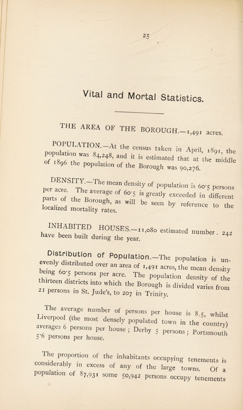 Vital and Mortal Statistics. the area of the borough.-M9I acres. POPULATION.-At the census taken in April, i8gr the SSH ^ 81’248’ a“d “ ‘S estimated that at the middle of t896 the population of the Borough was 90,276. perD^reSI The~The ^ P°pU'ation is 6oT Persons arts of the BoTuT a will ^ ^ ^ localized mortality rats ““ * to the INHABITED HOUSES.-!,,080 estimated number 242 have been built during the year. ' 4 Distribution of Popu!ation.-The population is un Mn?6oTb“ted OV6r a °f 1,491 aCreS> tHe mean despy be mg 6o s persons per acre. The population density of the teen districts into which the Borough is divided varies from Persons m St. Jude’s, to 207 in Trinity. The average number of persons per house is 8.S, whilst Liverpool (the most densely populated town in the Country averages 6 persons per house ; Derby 5 persons ; Portsmouth 3 ° persons per house. const °f th£ inhaWtantS occuPytng tenements is considerably m excess of any of the large towns. Of a population of 87,93, some 50,942 persons occupy tenements