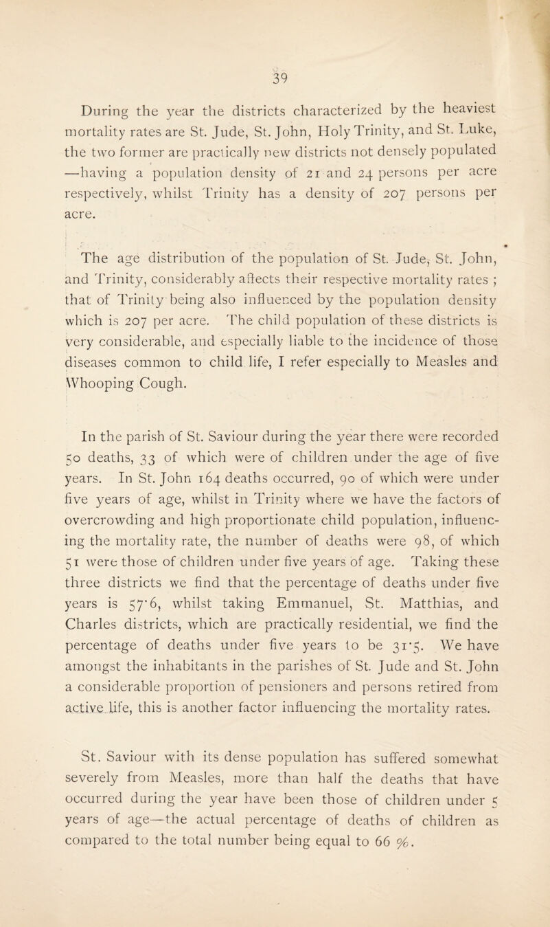 During the year the districts characterized by the heaviest mortality rates are St. Jude, St. John, Holy Trinity, and St. Luke, the two former are practically new districts not densely populated —having a population density of 21 and 24 persons per acre respectively, whilst Trinity has a density of 207 persons per acre. The age distribution of the population of St. Jude,- St. John, and Trinity, considerably affects their respective mortality rates ; that of Trinity being also influenced by the population density which is 207 per acre. The child population of these districts is very considerable, and especially liable to the incidence of those diseases common to child life, I refer especially to Measles and Whooping Cough. In the parish of St. Saviour during the year there were recorded 50 deaths, 33 of which were of children under the age of five years. In St. John 164 deaths occurred, 90 of which were under five years of age, whilst in Trinity where we have the factors of overcrowding and high proportionate child population, influenc¬ ing the mortality rate, the number of deaths were 98, of which 51 were those of children under five years of age. Taking these three districts we find that the percentage of deaths under five years is 57'6, whilst taking Emmanuel, St. Matthias, and Charles districts, which are practically residential, we find the percentage of deaths under five years to be 31*5. We have amongst the inhabitants in the parishes of St. Jude and St. John a considerable proportion of pensioners and persons retired from active.life, this is another factor influencing the mortality rates. St. Saviour with its dense population has suffered somewhat severely from Measles, more than half the deaths that have occurred during the year have been those of children under 5 years of age—the actual percentage of deaths of children as compared to the total number being equal to 66 %.