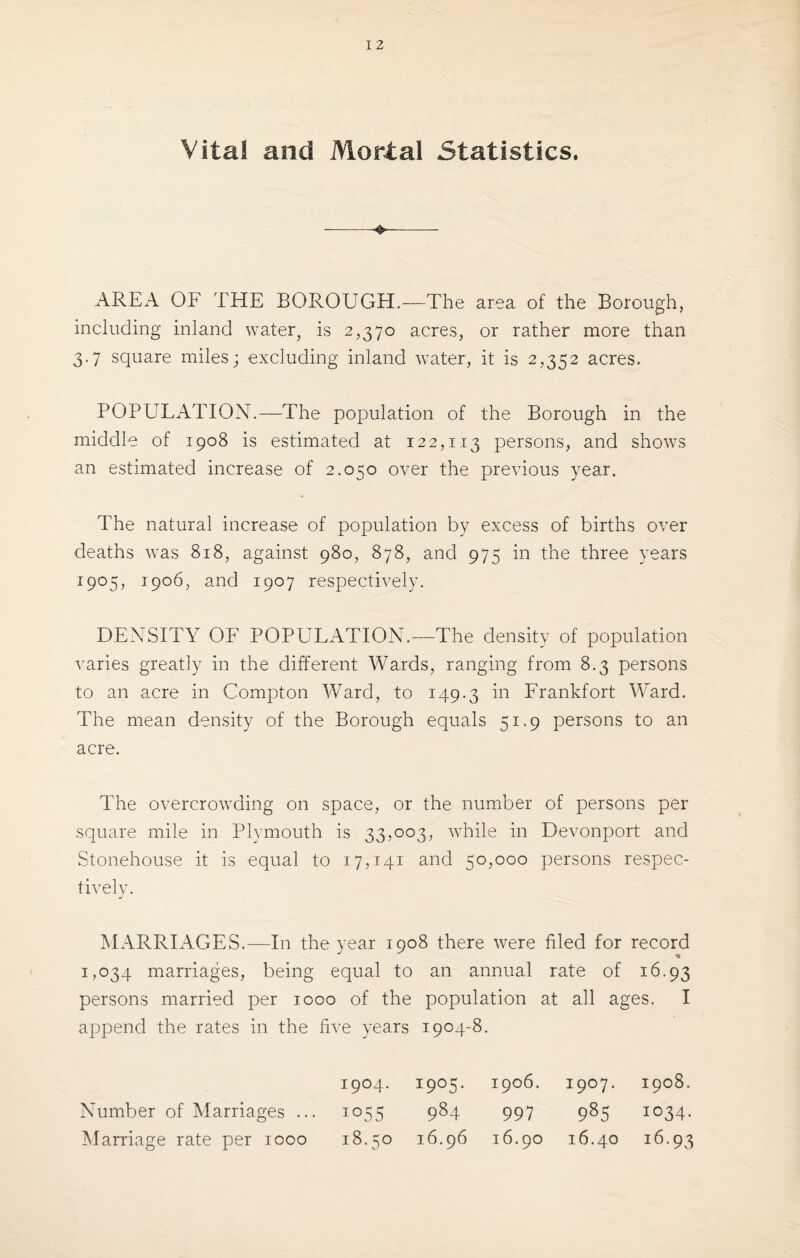 Vital and Mortal Statistics. AREA OF THE BOROUGH,—The area of the Borough, including inland water, is 2,370 acres, or rather more than 3.7 square miles; excluding inland water, it is 2,352 acres. POPULATION.—The population of the Borough in the middle of 1908 is estimated at 122,113 persons, and shows an estimated increase of 2.050 over the previous year. The natural increase of population by excess of births over deaths was 818, against 980, 878, and 975 in the three years 1905, 1906, and 1907 respectively. DENSITY OF POPULATION.—The density of population varies greatly in the different Wards, ranging from 8.3 persons to an acre in Compton Ward, to 149*3 Frankfort Ward. The mean density of the Borough equals 51.9 persons to an acre. The overcrowding on space, or the number of persons per square mile in Plymouth is 33,003, while in Devonport and Stonehouse it is equal to 17,141 and 50,000 persons respec¬ tively. MARRIAGES.—In the year 1908 there were filed for record 1,034 marriages, being equal to an annual rate of 16.93 persons married per 1000 of the population at all ages. I append the rates in the five years 1904-8. 1904. 1905. 1906. 1907. 1908. Number of Marriages ... 1055 984 997 985 1034. Marriage rate per 1000 18.50 16.96 16.90 16.40 16.93