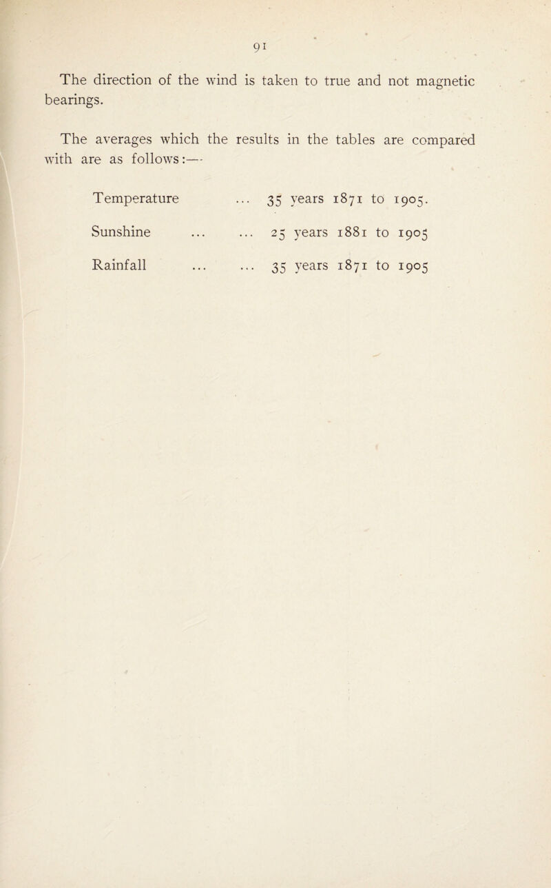The direction of the wind is taken to true and not magnetic bearings. The averages which the results in the tables are compared with are as follows:— Temperature ... 35 years 1871 to 1905. Sunshine ... ... 25 years 1881 to 1905 Rainfall ... ... 35 years 1871 to 1905