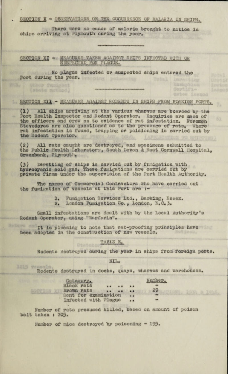 I SaCTIOH x - UB . V O.N -Ufa. u-Vx4.' P Z A lH-wigpn, There were no cases of malaria brought to notice in ships arriving at Plymouth curing the year* im c~q ,XTi oh FOR PLAQUE, No plague infected or suspected ships entered the Port curing the year* ** iUl.sol W s. (1) All ship© arriving at the various wharves are boaroed by the Port Health Inspector and Rodent Operator, enquiries are made of the officers and crew as to evidence of rat infestation. Foremen Stevedores arc also questioned as to the presence of rats, hhere rat infestation is found, trapping or poisioning is carried out by the Rodent Operator, (2) All rets caught are destroyed, and specimens submitted to the Public ealth Laboratory, South Levon & ^ast Cornwall Hospital, Ore ehbank f Plyraout5 u (3) Leratting of ships is carried cut by fumigation with hydrocyanic acic gas, These fumigations are carried out by private firms under the supervision of the Port Health Authority, The names of Commercial Contractors who have carried cut the fumi ation of vessels at thiB Port are 1, Fumigation Services Ltd,, Barking, Essex, 2, London Fumigation Co. , London, $*C.3» Small infestations are dealt with by the Local Authority’s Rodent Operator, using wWarfarin, It Is pleasing’ to note that rat-proofing principles have been adopted in the const notion of new vessels. TABES S,, Rodents destroyed during the year in ships from foreign ports. NIL. Rodents destroyed in docks, quays, wharves and warehouses, fi&tegfcau. Black rata •• •* •• Brown rats .. Sent for examination * Infected with Plague •• Number of rats presumed killed, based on amount of poison bait taken i 205. Number of mice destroyed by poisoning - 195. ,u. x~r, 29
