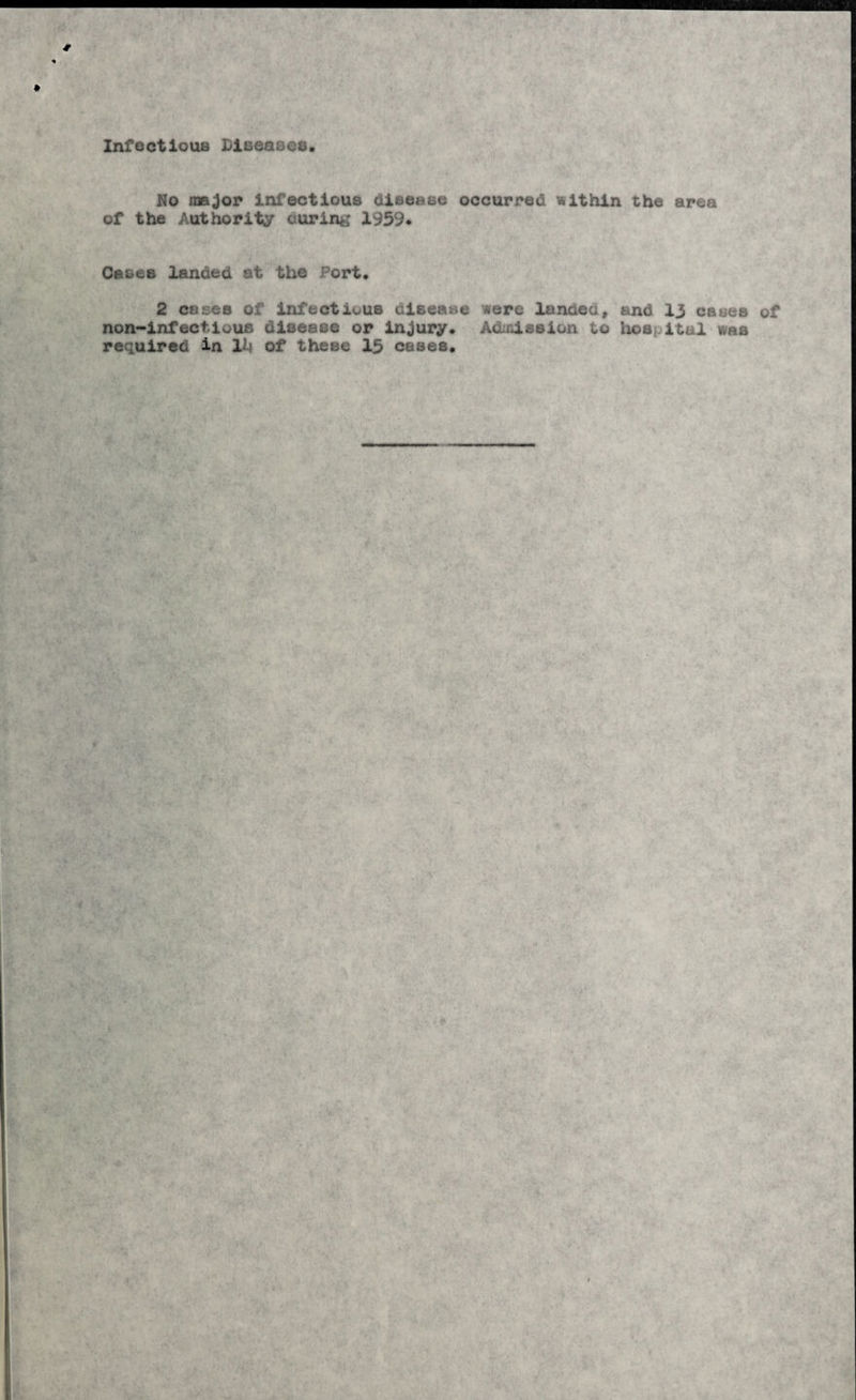 Infectious Diseases. No major infectious disease occurred within the area of the Authority during 1959* Cases landed at the Port, 2 coses of infectious disease were landed, and 13 cases of non-inf ectious disease or injury, AtLrdssion to ho a; ital was required in lh of these 13 cases.