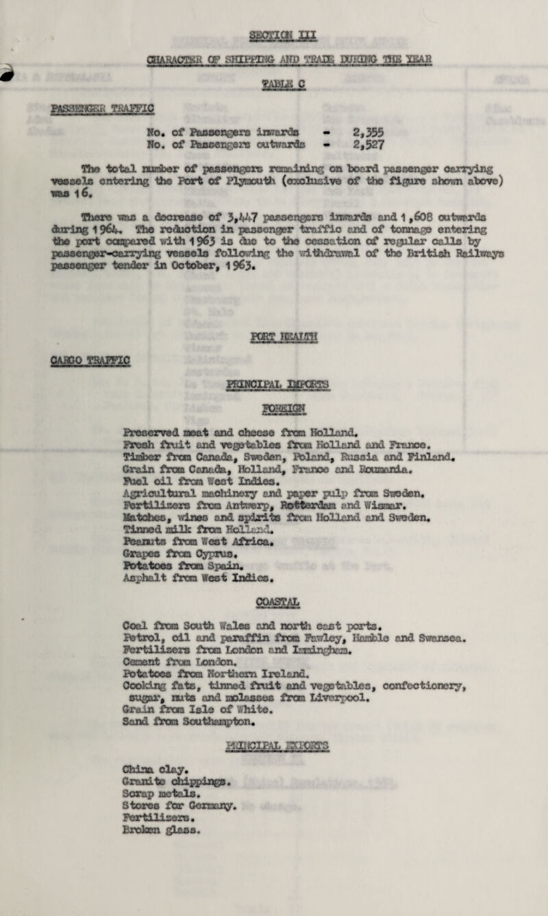 SECTION HI aiAKACT&R CF SHIPPE-IG AND TRAPS PJPJNG MS XKAH table 0 nsasstx&si Tiamc No. of Passengers irnards - 2,355 No. of Passengers outwards - 2,527 The total number of passengers regaining on hoard passenger carrying vessels entering the Port of Plymouth (exclusive of the figure shown above) was 16, There mas a dec tease of 3,-447 passengers inwards and 1,608 outwards during 19&4. The reduction in passenger traffic and of tonnage entering the port coopered with 1963 is due to tine cessation of regular calls by pc^senger«<5arrying vessels following the withdrawal of the British Railways passenger tender in October, 1963* PORT HEALTH CARGO TRAFFIC PRINCIPAL BffCBSS FOREIGN Preserved meat and cheese from Holland. Fresh fruit and vegetables fToa Holland and Franco. Timber from Canada, Sweden, Poland, Russia and Finland. Grain from Canada, Holland, France and Itoumania. Fuel oil from West Indies. Agricultural machinery and paper pulp from Sweden. Fertilisers tv.cm iVntwerp, Rotterdam and Wisoar. latches, wines and spirits from Holland and Sweden, Tinned milk from Holland. Bsanuts from West Africa. Grapes from Cyprus, Potatoes from Spain. Asphalt from West Indies, COASTAL Coal from South Wales and north east ports. Petrol, oil and paraffin from Fav/ley, Hamble and Swansea. Fertilisers frm London and Imiis^heaa. Cement from London. Potatoes from Northern Ireland. Cooking fats, tinned fruit and vegetables, confectionery, sugar, nuts and molasses from Liverpool, Grain from Isle of White. Sand from Southampton. KilHCIPAL SXPOSffS China clay. Grandto chippings. Scrap metals. Stores for Germany. Fertilisers. Broken glass.