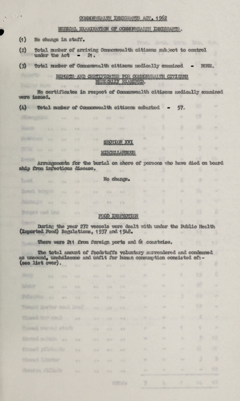 ac:, 1962 (1) (2) (3) atagoa. swmmoB of cam Jiil* 3Aia?f nmGmm. No change in staff. Total number of arriving Ccra’xra/oalth citizens subject to control under the Act - 21. Total number of Ccnooiwealth citizens medically examined - NONE. oatbs pc ■: azixr: -area |||ilr Sauimm No certificates in respect of Ccoaom-ealth citisens medically examined vjere issued. (4) Total number of Cacanowwealth citisens eadbarloed - 57. SBCT1CN .KVX Arrangements for the burial on shore of persons who have died an board ship from infectious disease. No change. mummsm Curin' the jroor 272 vessels wore dealt with under the Riblic Health (Imported Food) Sogal&tions, 1957 and 1 %6« There were 211 frm foreign ports and 6} coastwise, Tho total amount of foodstuffs voluntary surrendered and condemned as unsound, un .h-olesome and unfit fen* human coranjaption consisted of: - (see list over).