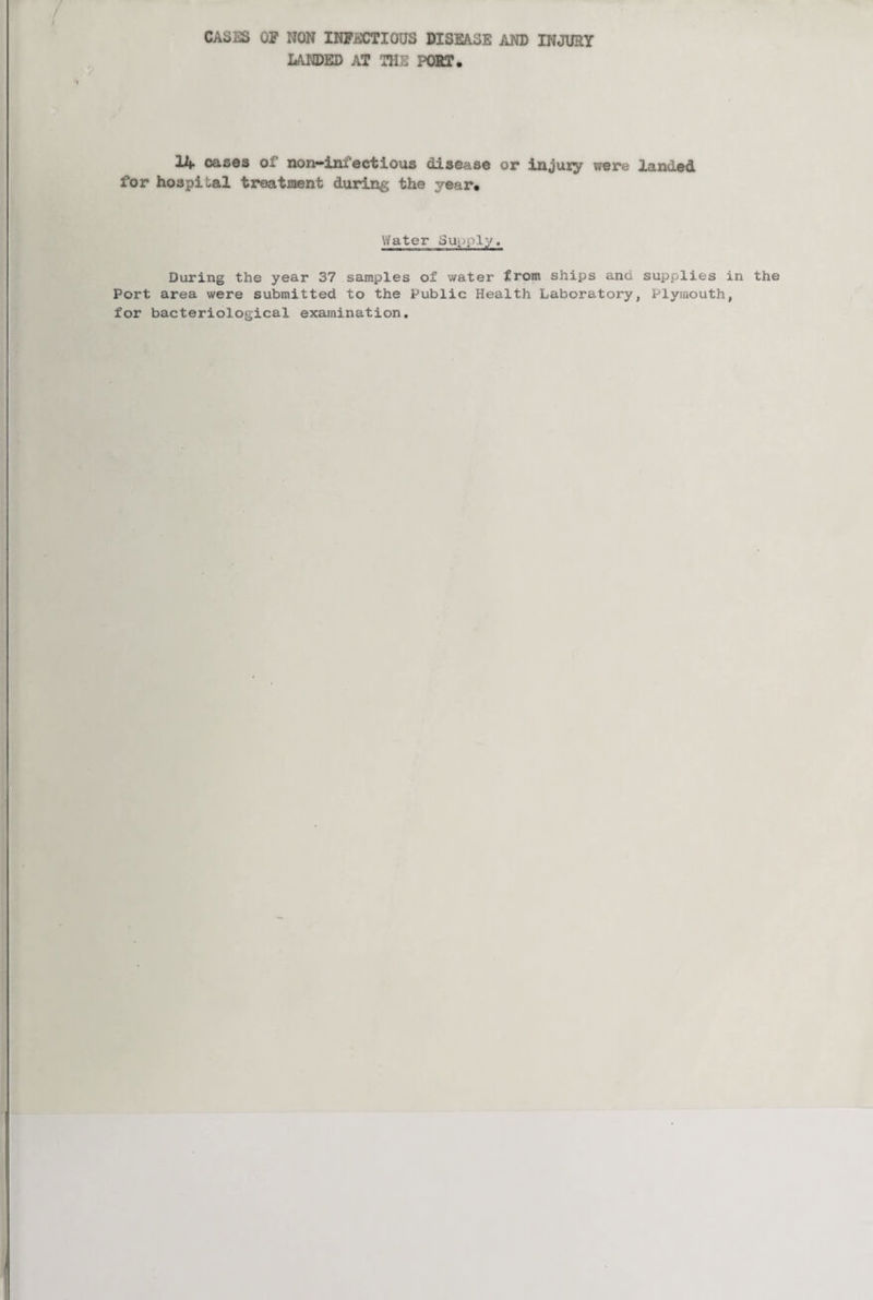 CASES OF NON INFECTIOUS DISEASE AND INJURY LANDED AT THE PORT. 14 cases of non-infeet I ous disease or injuty were landed for hospital treatment during the year. Water Supply. During the year 37 samples of water from ships and supplies in the Port area were submitted to the Public Health Laboratory, Plymouth, for bacteriological examination.