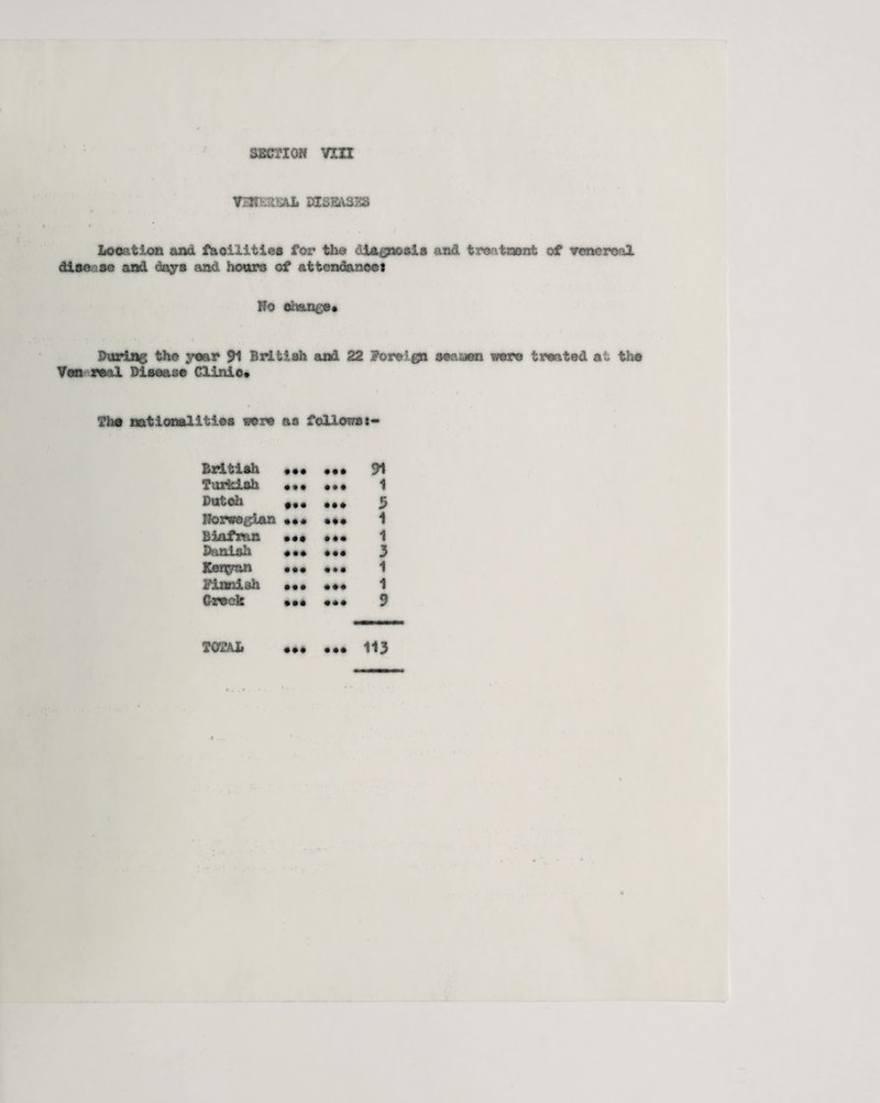 TERJaiSUL DXSS&3B8 i Location and facilities for the T&agnosia and treatment of vcnereal disc se and days and hours of attendance* No change# During the year 91 British and 22 foreign seaiusa were treated at the Ven real Disease Clinic* The nationalities vexe as followst- British • •• • •* 91 Turkish • •• 1 Dutch ••• • •• 5 Norwegian • •• 1 Biafmn • •• • •• 1 Danish *•• • •• 3 Kenyan • •• 1 Finnish • • • *•♦ 1 Creek • •• 9 TGTAJ* • •• • •* 113