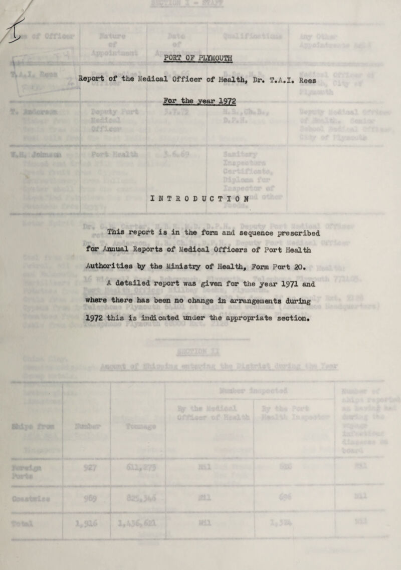 'ORT 0? PLYMOUTH Report of the Medical Officer of Health, Dr. T.A.I. Rees For the year 1972 INTRODUCTION This report is in the form and sequence prescribed for Annual Reports of Medical Officers of Port Health Authorities by the Ministry of Health, Form Port 20. A detailed report was given for the year 1971 and where there has been no change in arrangements during 1972 this is indicated under the appropriate section.