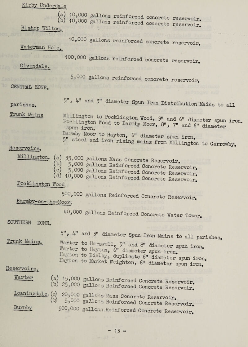 Kirby Underlie ft™ ga1111°ns re±nfo^ced concrete reservoir. [o) 10,000 gallons reinforced concrete reservoir Bishop Wilton. 10,000 gallons reinforced concrete reservoir. Waterman Hole. Gdvendale, 100,000 gallons reinforced concrete reservoir. 5*000 gallons reinforced concrete reservoir. CENTRAL ZONE. parishes. Trunk Mains Reservoirs, S'1, 4 and 3 diameter Spun Iron Distribution Mains to all p°°klington Wood, 9 and 6 diameter spun iron ~ spu^iron? ^ d t0 armty M°°r’ 8” * 7 and 6 ii-ameter Barmby Moor to Hayton, 6” diameter spun iron. 5 s„eel and iron rising mains from Millington to Garrowby. JSiUSSSSa- W 35..000 gallons Mass Concrete Reservoir. 5.000 gallons Reinforced Concrete Reservoir. ^ io’ooo ft'0ns Peinfor°ed Concrete Reservoir. ^ 9 gallons Reinforced Concrete Reservoir. Pocklington Wood 500,000 gallons Reinforced Concrete Reservoir. B armby~ on-the-Ho or. 1.0,000 gallons Reinforced Concrete Water Tower. SOUTHERN ZONE, Trunk Mains, Reservoirs. Warter 5 , 4” and 3 diameter Spun Iron Mains to all parishes. Warter to Harwell, 9 and 8 diameter spun iron. Tarter to Hayton, 6 diameter spun iron. I A, -on to Bielby, duplicate 6 diameter spun iron. Hayton to Market Weighton, 6 diameter spun iron. fR 4’nro -aR°n3 Heiufoi'ced Concrete Reservoir. ' ' e°9  gallons Reinforced Concrete Reservoir. Loaninedale. (d 20,000 gallons Mass Concrete Reservoir. ^9 gaolers Reinforced Concrete Reservoir, 500,000 gallons Reinforced Concrete Reservoir. Burnby
