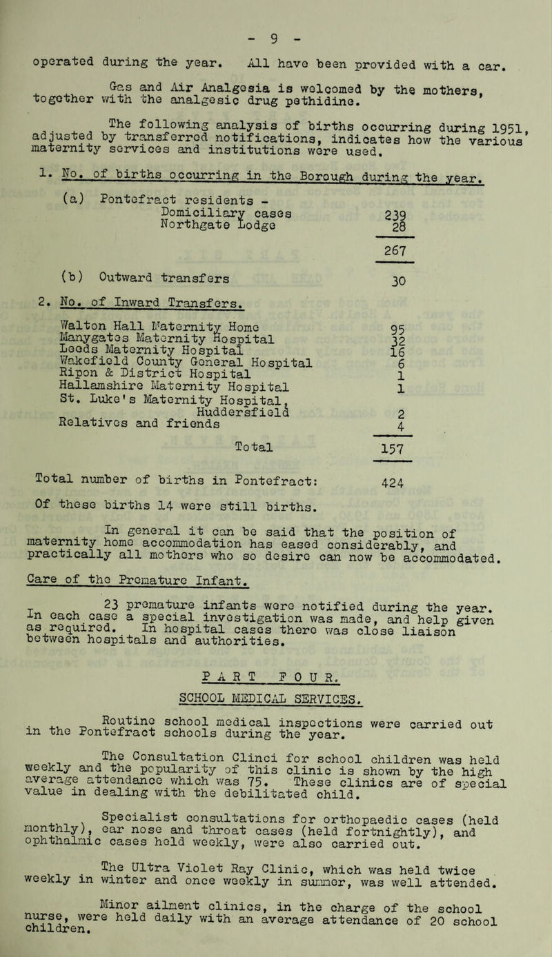 operated during the year. All have been provided with a car. Gas and Air Analgesia is welcomed by the mothers, together with the analgesic drug pethidine. The following analysis of births occurring during 1951 adjusted by transferred, notifications, indicates how the various maternity services and institutions wore used. I°.» of births occurring in the Borough during the year. (a) Pontefract residents - Domiciliary cases Northgate Lodge (b) Outward transfers 2. No. of Inward Transfers. Walton Hall Maternity Home Manygatcs Maternity Hospital Leeds Maternity Hospital Wakefield County General Hospital Ripon & District Hospital Hallamshire Maternity Hospital St. Luke’s Maternity Hospital. Huddersfield Relatives and friends Total Total number of births in Pontefract: Of these births 14 were still births. In general it can be said that the position of maternity home accommodation has eased considerably, and practically all mothers who so desire can now be accommodated. Care of the Premature Infant. 23 premature infants wore notified during the year. -Ln each case a special investigation was made, and help given as required. In hospital cases there was close liaison between hospitals and authorities. 239 28 267 30 95 32 16 6 1 1 2 4 157 424 PAR T POUR. SCHOOL MEDICAL SERVICES. Routine school medical inspections m the Pontefract schools during the year. were carried out The Consultation Clinci for school children was held weekly and the popularity of this clinic is shown by the high average attendance which was 75. These clinics are of special value in dealing with the debilitated child. Specialist consultations for orthopaedic cases (held monthly), ear nose and throat cases (held fortnightly), and ophthalmic cases held weekly, were also carried out. The Ultra Violet Ray Clinic, which was held twice weekly in winter and once weekly in summer, was well attended. Minor ailment clinics, in the charge of the school j* were h°Id daily with an average attendance of 20 school children.