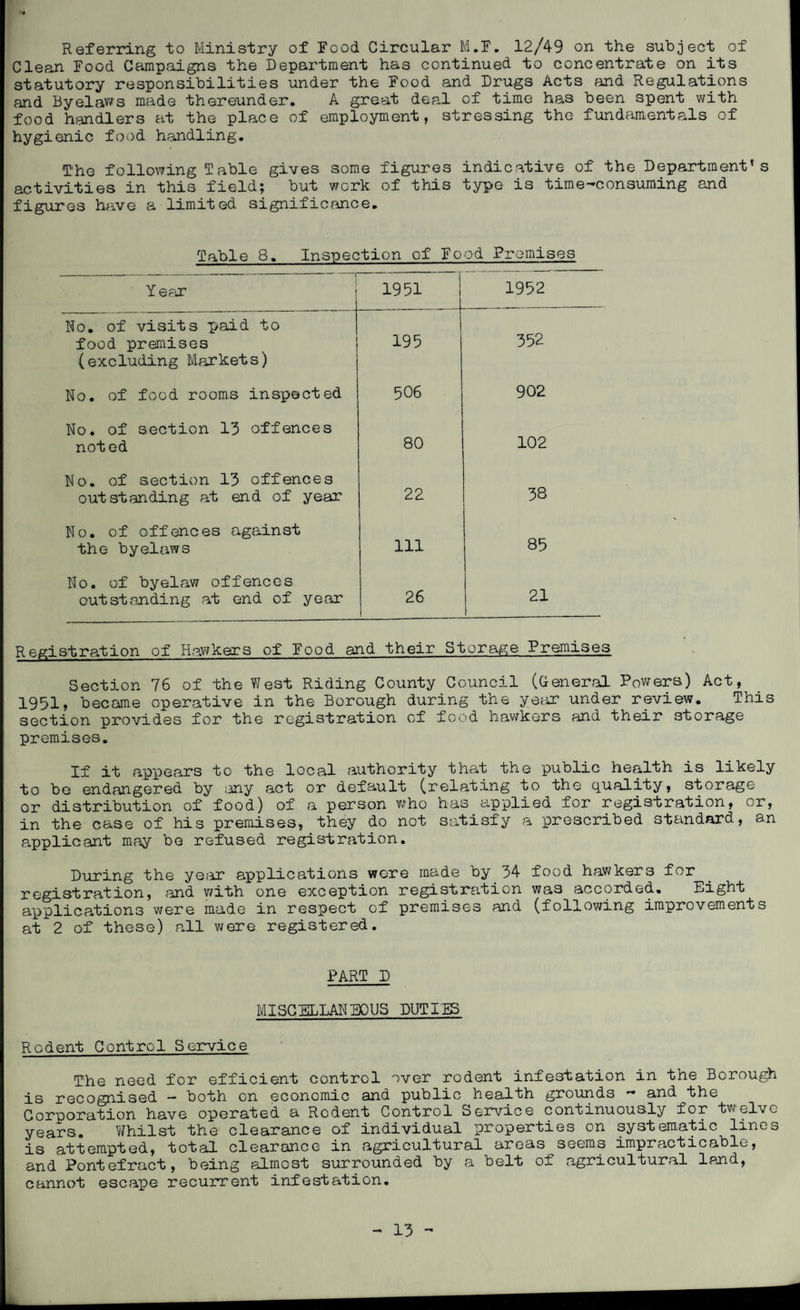Referring to Ministry of food Circular M.F. 12/49 on the subject of Clean Food Campaigns the Department has continued to concentrate on its statutory responsibilities under the Food and Drugs Acts and Regulations and Byelaws made thereunder. A great deal of time has been spent with food handlers at the place of employment, stressing the fundamentals of hygienic food handling. The following Table gives some figures indicative of the Department’s activities in this field; but work of this type is time-consuming and figures have a limited significance. Table 8. Inspection of Food Premises Year 1951 1952 No. of visits paid to food premises (excluding Markets) 195 352 No. of food rooms inspected 506 902 No. of section 13 offences noted 80 102 No. of section 13 offences outstanding at end of year 22 38 No. of offences against the byelaws 111 85 No. of byelaw offences outstanding at end of year 26 21 Registration of Hawkers of Food and their Storage Premises Section 76 of the West Riding County Council (General Powers) Act, 1951, became operative in the Borough during the ye;.ir under review. This section provides for the registration of food hawkers and their storage premises. If it appears to the local authority that the public health is likely to be endangered by any act or default (relating to the quality, storage or distribution of food) of a person who has applied for registration, or, in the case of his premises, they do not satisfy a prescribed standard, an applicant may be refused registration. During the year applications were made by 34 food hawkers for registration, and with one exception registration was accorded. Bight applications were made in respect of premises and (following improvements at 2 of these) all were registered. PART D MISCELLANEOUS DUTIES Rodent Control Service The need for efficient control over rodent infestation in the Borough is recognised - both on economic and public health grounds - and the Corporation have operated a Rodent Control Service continuously for twelve years. Whilst the clearance of individual properties on systematic lines is attempted, total clearance in agricultural areas seems impracticable, and Pontefract, being almost surrounded by a belt of agricultural land, cannot escape recurrent infestation.
