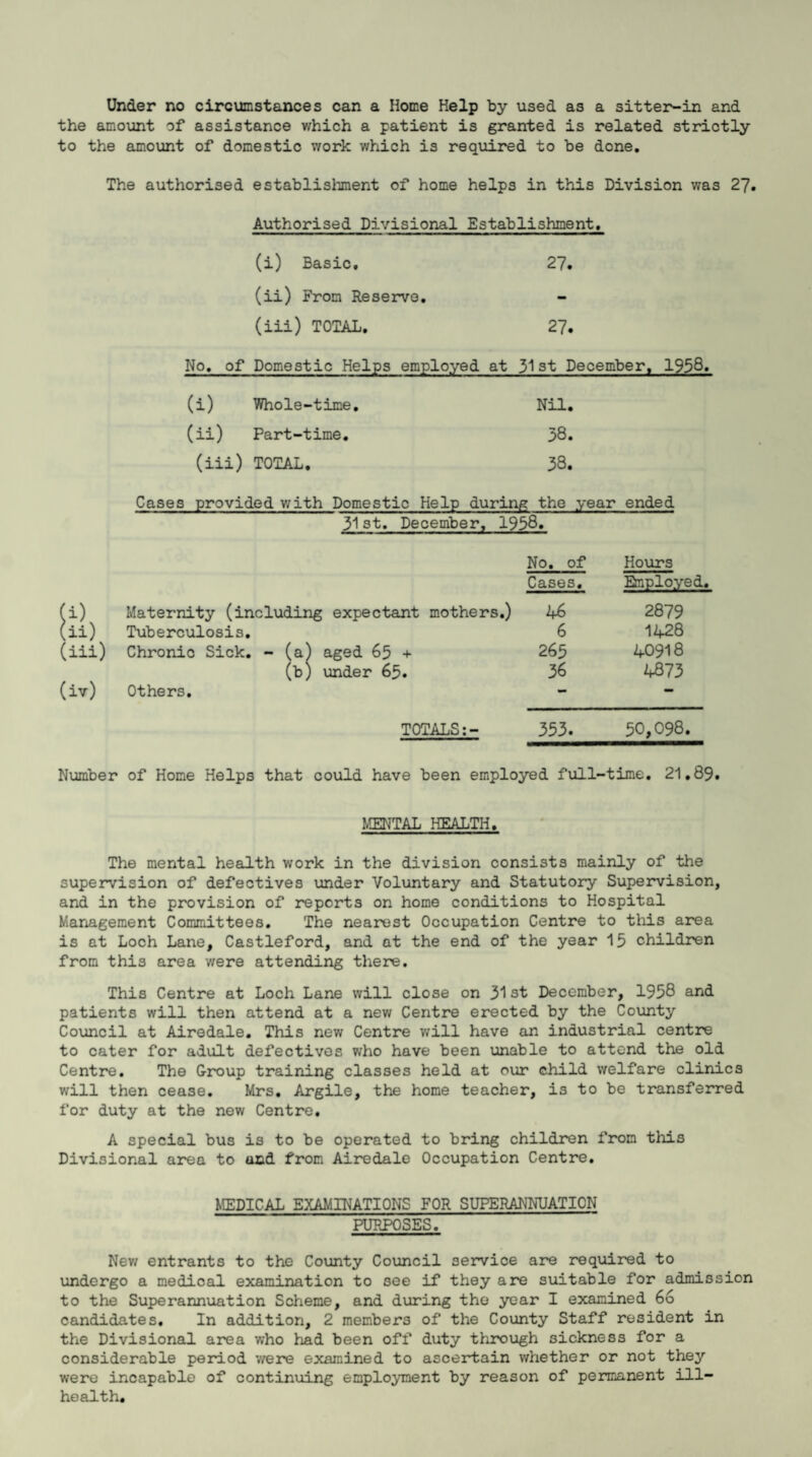 Under no circumstances can a Home Help by used as a sitter-in and the amount of assistance which a patient is granted is related strictly to the amount of domestic work v/hich is required to be done. The authorised establishment of home helps in this Division was 27. Authorised Divisional Establishment. (i) Basic. 27. (ii) From Reserve. (iii) TOTAL. 27. No, of Domestic Helps employed at 31st December, 1958. (i) Whole-time. Nil. (ii) Part-time. 38. (iii) TOTAL. 38. Cases provided v/ith Domestic Help during the year ended 31 st. December. 1938. (iv) No. of Hours Cases. Employed. Maternity (including expectant mothers.) 46 2879 Tuberculosis. 6 1428 Chronio Sick. - (a) aged 65 + 265 40918 (b) under 65. 36 4873 Others. - - TOTALS:- 353. 50,098. Number of Home Helps that could have been employed full-time. 21.89. MENTAL HEALTH. The mental health work in the division consists mainly of the supervision of defectives under Voluntary and Statutory Supervision, and in the provision of reports on home conditions to Hospital Management Committees. The nearest Occupation Centre to this area is at Loch Lane, Castleford, and at the end of the year 15 children from this area v/ere attending there. This Centre at Loch Lane will close on 31st December, 1958 and patients will then attend at a new Centre erected by the County Council at Airedale. This new Centre v/ill have an industrial centre to cater for adult defectives who have been unable to attend the old Centre. The Group training classes held at our child welfare clinics will then cease. Mrs. Argile, the home teacher, is to be transferred for duty at the new Centre. A special bus is to be operated to bring children from this Divisional area to and from Airedale Occupation Centre. MEDICAL EXAMINATIONS FOR SUPERANNUATION PURPOSES. New entrants to the County Council service are required to undergo a medical examination to see if they are suitable for admission to the Superannuation Scheme, and during the year I examined 66 candidates. In addition, 2 members of the County Staff resident in the Divisional area who had been off duty through sickness for a considerable period v/ere examined to ascertain whether or not they were incapable of continuing employment by reason of permanent ill- health.