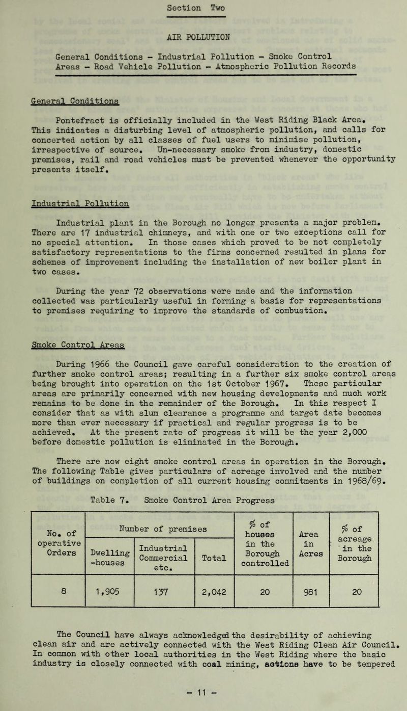 AIR POLLUTION General Conditions - Industrial Pollution - Snoke Control Areas - Road Vehicle Pollution - Atmospheric Pollution Records General Conditions Pontefract is officially included in the West Riding Black Area# This indicates a disturbing level of atmospheric pollution, and calls for concerted action by all classes of fuel users to minimise pollution, irrespective of source. Un-necessary smoke from industry, domestic premises, rail and road vehicles must be prevented whenever the opportunity presents itself. Industrial Pollution Industrial plant in the Borough no longer presents a major problem. There are 17 industrial chimneys, and with one or two exceptions call for no special attention. In those cases which proved to be not completely satisfactory representations to the firms concerned resulted in plans for schemes of improvement including the installation of new boiler plant in two cases. During the year 72 observations were made and the information collected was particularly useful in forming a basis for representations to premises requiring to improve the standards of combustion. Smoke Control Areas During 1966 the Council gave careful consideration to the creation of further smoke control areas; resulting in a further six smoke control areas being brought into operation on the 1st October 1967# These particular areas are primarily concerned with new housing developments and much work remains to be done in the remainder of the Borough. In this respect I consider that as with slum clearance a programme and target date becomes more than ever necessary if practical and regular progress is to be achieved. At the present rate of progress it will be the year 2,000 before domestic pollution is eliminated in the Borough. There are now eight smoke control areas in operation in the Borough# The following Table gives particulars of acreage involved and the number of buildings on completion of all current housing commitments in 1968/69. Table 7# Smoke Control Area Progress No# of operative Orders Number of premises $ of houses in the Borough controlled Area in Acres £ of acreage ’in the Borough Dwelling -houses Industrial Commercial etc. Total 8 1,905 137 2,042 20 981 20 The Council have always acknowledged the desirability of achieving clean air and are actively connected with the West Riding Clean Air Council. In common with other local authorities in the West Riding where the basic industry is closely connected with coal mining, aotione have to be tempered - 11