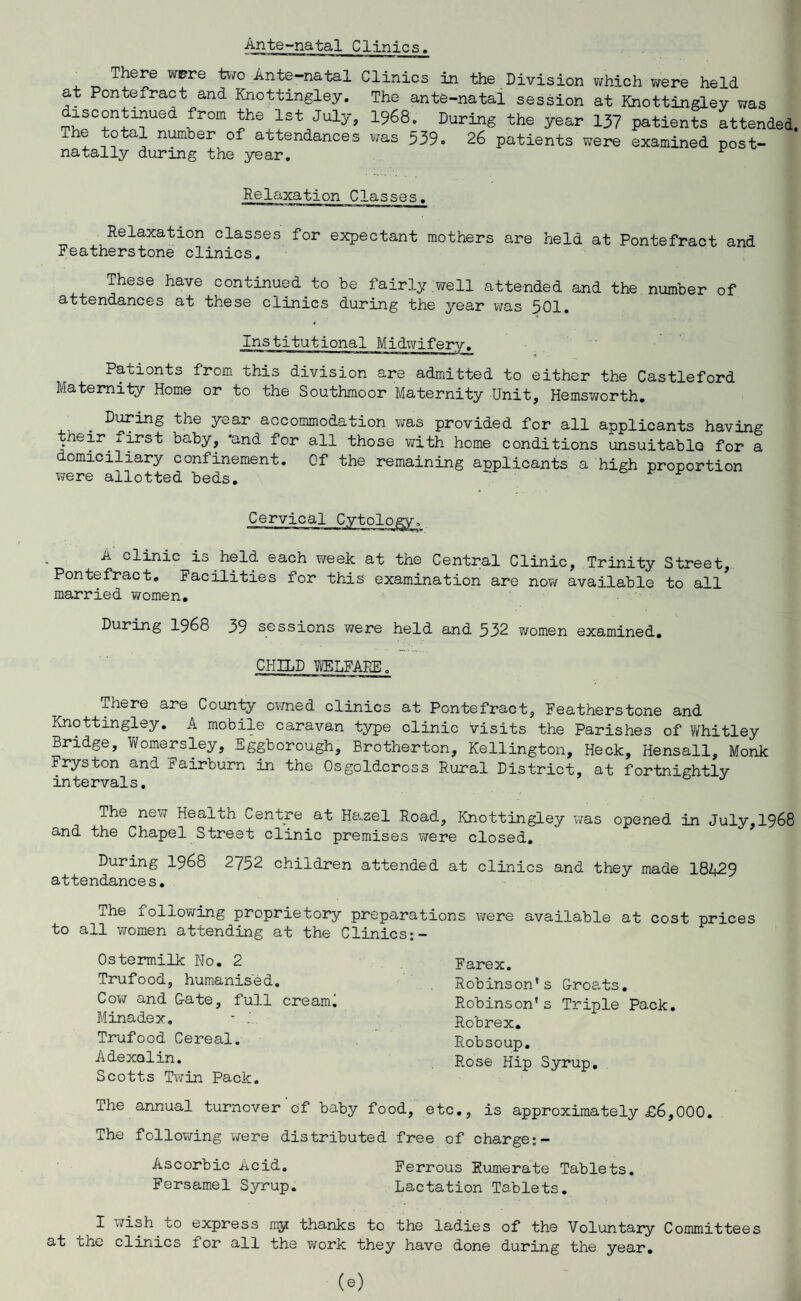 Ante-natal Clinics. There were two Ante-natal at Pontefract and Knottingley. discontinued from the 1st July, The total number of attendances natally during the year. Clinics in the Division which were held The ante-natal session at Knottingley was 1968. During the year 137 patients attended, was 539. 26 patients were examined post- Retaxation Classes. Relaxation classes for expectant mothers are held at Pontefract and Featherstone clinics. These have continued to be fairly well attended and the number of attendances at these clinics during the year was 501. Institutional Midwifery. Patients from this division are admitted to either the Castleford Maternity Home or to the Southmoor Maternity Unit, Hemsworth. During the year accommodation was provided for all applicants having their xirst baby, ’and for all those with home conditions unsuitable for a domiciliary confinement. Of the remaining applicants a high proportion were allotted beds. Cervical Cytology, A clinic is held each week at the Central Clinic, Trinity Street, Pontefract. Facilities for this examination are now available to all* married women. During 1968 39 sessions were held and 532 y/omen examined. CHILD WELFARE. There are County owned clinics at Pontefract, Featherstone and Knottingley. A mobile caravan type clinic visits the Parishes of Whitley Bridge, Womersley, Eggborough, Brotherton, Kellington, Heck, Hensall, Monk Fryston and Fairburn in the Osgoldcross Rural District, at fortnichtlv intervals. J The new Health Centre at Hazel Road, Knottingley was opened in July,1968 and the Chapel Street clinic premises were closed. During 1968 2752 children attended at clinics and they made 18429 attendances. The following proprietory preparations were available at cost prices to all women attending at the Clinics;- Ostermilk No. 2 Trufood, humanised. Cow and Gate, full ereami Minadex. - Trufood Cereal. Adexalin. Scotts Twin Pack. The annual turnover of baby food. The following were distributed fr Farex. Robinson's Groats. Robinson's Triple Pack. Robrex. Robsoup. Rose Hip Syrup. etc., is approximately £6,000. e of charge;- Ascorbic Acid. Ferrous Eumerate Tablets. Fersamel Syrup. Lactation Tablets. I wish to express my thanks to the ladies of the Voluntary Committees at the clinics for all the work they have done during the year.