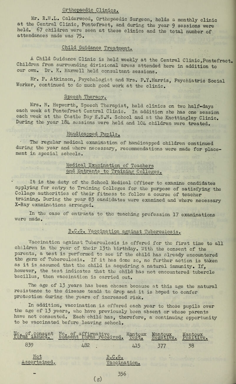 Orthopaedic Clinics. Mr. R.W.L. Calderwood, Orthopaedic Surgeon, holds a monthly clinic at the Central Clinic, Pontefract, and during the year 9 sessions were held. 67 children were seen at these clinics and the total number of attendances made was 75. Child G-uidance Treatment A Child Guidance Clinic is held weekly at the Central Clinic,Pontefract. Children from surrounding divisional areas attended here in addition to our own. Dr. K. Maxwell held consultant- sessions. Mr. P. Atkinson, Psychologist and Mrs. P.Y,Harris, Psychiatric Social Worker, continued to do much good work at the clinic. Speech Therapy. Mrs. N. Hepworth, Speech Therapist, held clinics on two half-days ' each week at Pontefract Central Clinic. In addition she has one session each week at the Castle Day E.S.N* School and at the Knottingley Clinic. During the year I84 sessions were held and 10A children were treated. Handicapped Pupils. The regular medical examination of handicapped children continued during the year and where necessary, recommendations were made for place¬ ment in special schools. Medical Examination of Teachers and Entrants to Training Colleges. It is the duty of the School Medical Officer to examine candidates applying for entry to Training Colleges for the purpose of satisfying the College authorities of their fitness to follow a course of teacher training. During the year 83 candidates were examined and where necessary X-Ray examinations arranged. In the case of entrants to the “teaching profession 17 examinations were made. B.CcG. Vaccination against Tuberculosis. Vaccination against Tuberculosis is offered for the first time to all children in the year of their 13th birthday. With the consent of the parents, a test is performed to see if the child has already encountered the germ of Tuberculosis. If it has done sc, no further action is taken as it is assumed that the child is acquiring a natural immunity. If, however, the test indicates that the child has not encountered tubercle bacillus, then vaccination is carried out. The age of 13 years has been chosen because at this age the natural resistance to the disease tends to, drop and it is hoped to confer protection during the years of increased risk. In addition, vaccination is offered each year to those pupils over the age of 13 years, who have previously been absent or whose parents have not consented. Each child has, therefore, a continuing opportunity to be vaccinated before leaving school. Not Ascertained. B.C »G. Vaccination. (g) 356