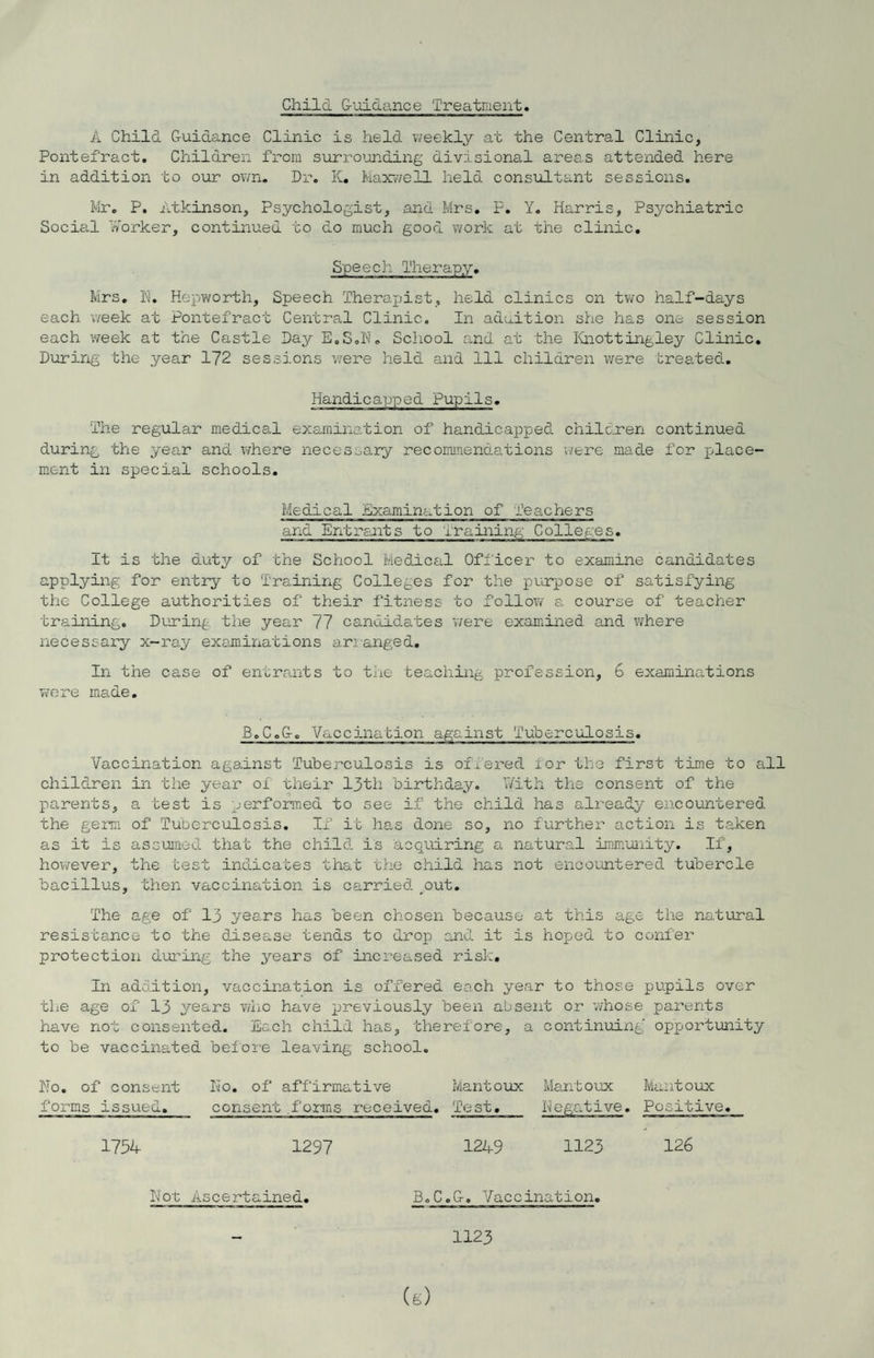 Child (Guidance Treatment, A Child Guidance Clinic is held weekly at the Central Clinic, Pontefract. Children from surrounding divisional areas attended here in addition to our own. Dr. K. Maxwell held consultant sessions. Mr. P. Atkinson, Psychologist, and Mrs. P. Y. Harris, Psychiatric Social vVorker, continued to do much good work at the clinic. Mrs, N. Hepworth, Speech Therapist, held clinics on two half-days each week at Pontefract Central Clinic. In addition she has one session each week at the Castle Day E.S.N. School and at the Knottingley Clinic. During the year 172 sessions were held and 111 children were treated. Handicapped Pupils. The regular medical examination of handicapped children continued during the year and. where necessary recommendations were made for place¬ ment in special schools. Medical Examination of Teachers and Entrgnts to Training Colleges. It is the duty of the School Medical Officer to examine candidates applying for entry to Training Colleges for the purpose of satisfying the College authorities of their fitness to follow a course of teacher training. During the year 77 candidates were examined and where necessary x-ray examinations arranged. In the case of entrants to the teaching profession, 6 examinations were made. B.C.G. Vaccination against Tuberculosis. Vaccination against Tuberculosis is offered for the first time to all children in the year of their 13th birthday. With the consent of the parents, a test is performed to see if the child has already encountered the germ of Tuberculosis. If it has done so, no further action is taken as it is assumed that the child is acquiring a natural immunity. If, however, the test indicates that the child has not encountered tubercle bacillus, then vaccination is carried #out. The age of 13 years has been chosen because at this age the natural resistance to the disease tends to drop and it is hoped to confer protection during the years of increased risk. In addition, vaccination is offered each year to those pupils over the age of 13 years who have previously been absent or whose parents have not consented. Each child has, therefore, a continuing opportunity to be vaccinated before leaving school. No. of consent No. of affirmative Mantoux Mantoux Mantoux forms issued. consent forms received. Test, Negative. Positive. 1734- 1297 1249 1123 126 Not Ascertained. B.C.G. Vaccination. 1123