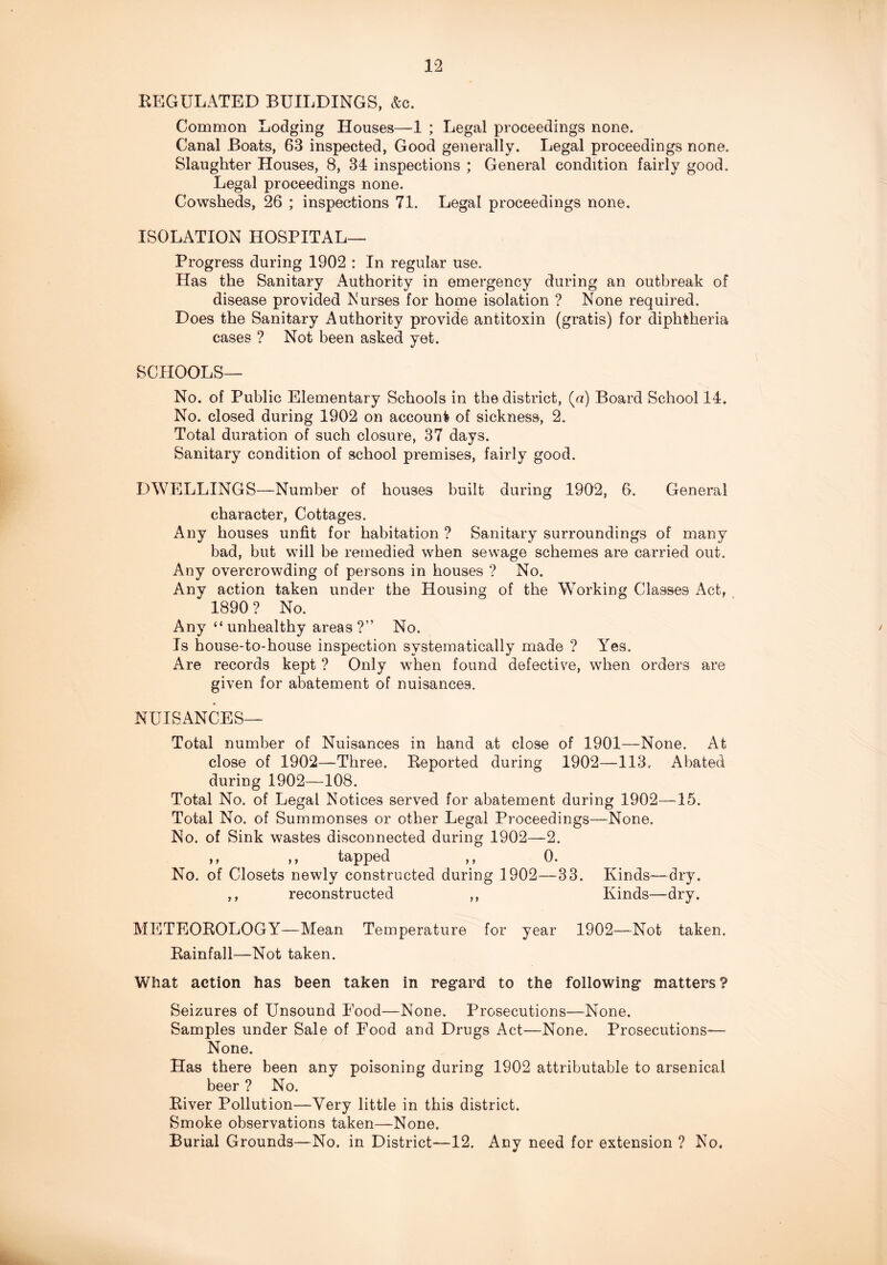 REGULATED BUILDINGS, &c. Common Lodging Houses—1 ; Legal proceedings none. Canal Boats, 63 inspected. Good generally. Legal proceedings none. Slaughter Houses, 8, 34 inspections ; General condition fairly good. Legal proceedings none. Cowsheds, 26 ; inspections 71. Legal proceedings none. ISOLATION HOSPITAL— Progress during 1902 : In regular use. Has the Sanitary Authority in emergency during an outbreak of disease provided Nurses for home isolation ? None required. Does the Sanitary Authority provide antitoxin (gratis) for diphtheria cases ? Not been asked yet. SCHOOLS— No. of Public Elementary Schools in the district, (a) Board School 14. No. closed during 1902 on account of sickness, 2. Total duration of such closure, 37 days. Sanitary condition of school premises, fairly good. DWELLINGS—Number of houses built during 1902, 6. General character. Cottages. Any houses unfit for habitation ? Sanitary surroundings of many bad, but will be remedied when sewage schemes are carried out. Any overcrowding of persons in houses ? No. Any action taken under the Housing of the Working Classes Act, 1890 ? No. Any “ unhealthy areas ?” No. * Is house-to-house inspection systematically made ? Yes. Are records kept ? Only when found defective, when orders are given for abatement of nuisances. NUISANCES— Total number of Nuisances in hand at close of 1901—None. At close of 1902—Three. Reported during 1902—113, Abated during 1902—108. Total No. of Legal Notices served for abatement during 1902—15. Total No. of Summonses or other Legal Proceedings—None. No. of Sink wastes disconnected during 1902—2. ,, ,, tapped ,, 0. No. of Closets newly constructed during 1902—33. Kinds-—dry. ,, reconstructed ,, Kinds—dry. METEOROLOGY—Mean Temperature for year 1902—Not taken. Rainfall—Not taken. What action has been taken in regard to the following matters? Seizures of Unsound Pood—None. Prosecutions—None. Samples under Sale of Food and Drugs Act—None. Prosecutions— None. Has there been any poisoning during 1902 attributable to arsenical beer ? No. River Pollution—Very little in this district. Smoke observations taken—None. Burial Grounds—No. in District—12, Any need for extension ? No.